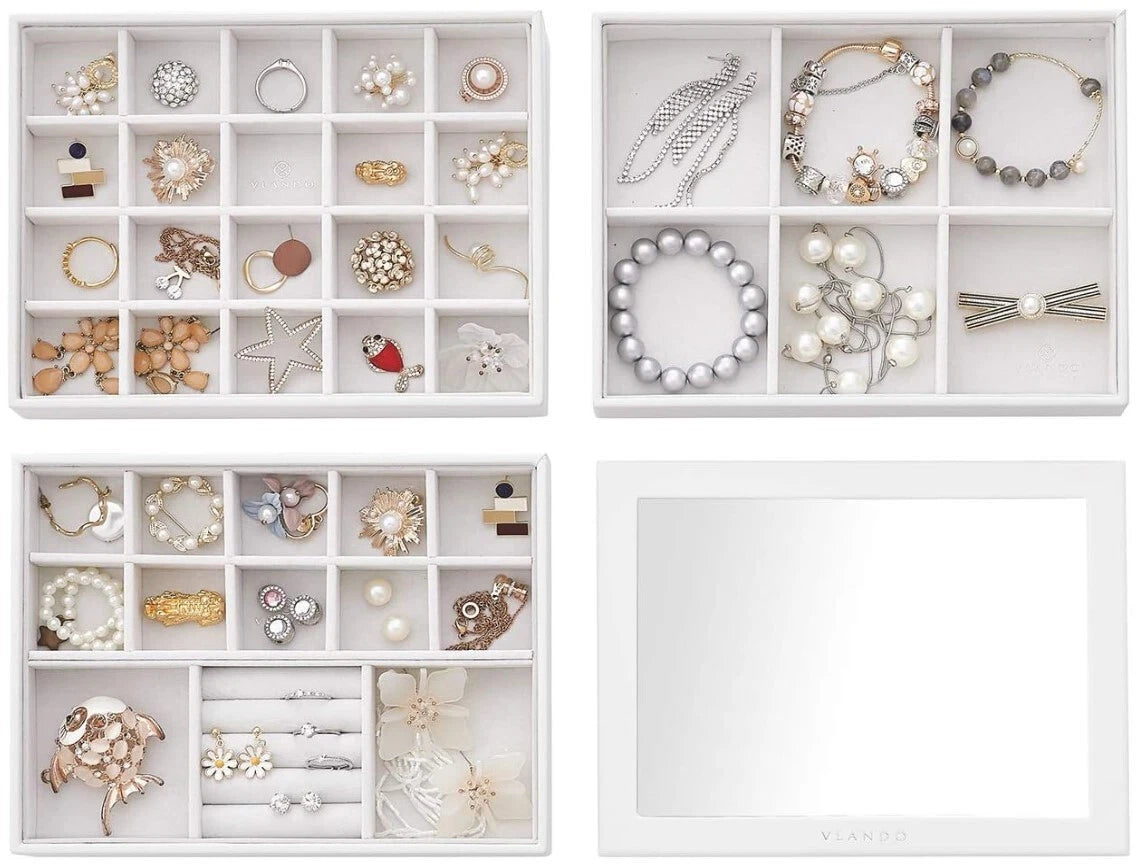 Vlando Stackable Jewelry Trays Organizer Set with Clear Lid - White Faux Leather | eBay