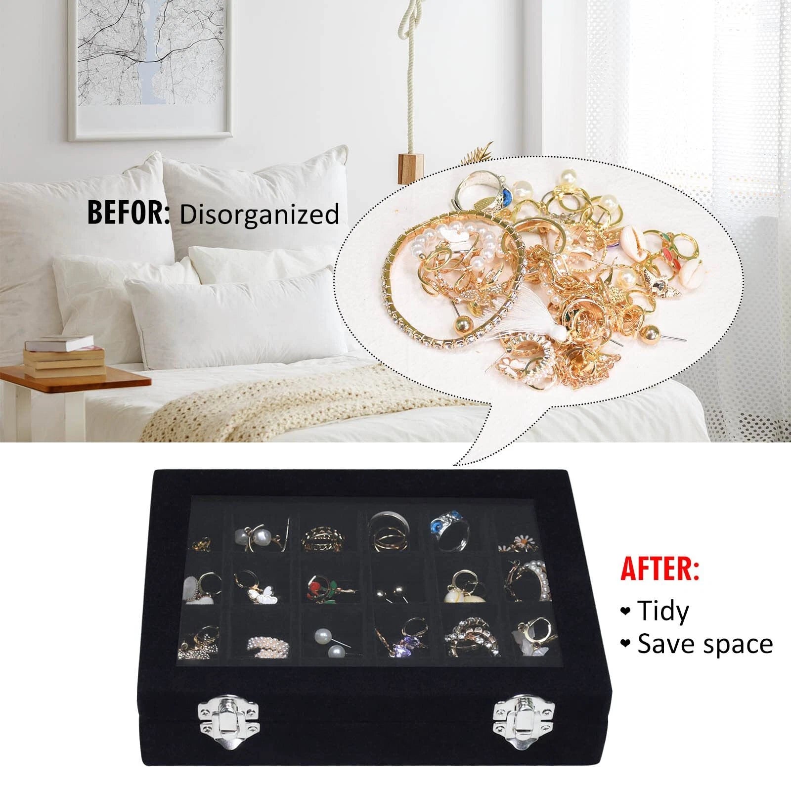 Velvet Jewelry Box 24 Grid Jewelry Ring Display Organiser Box Tray Holder Ear... | eBay