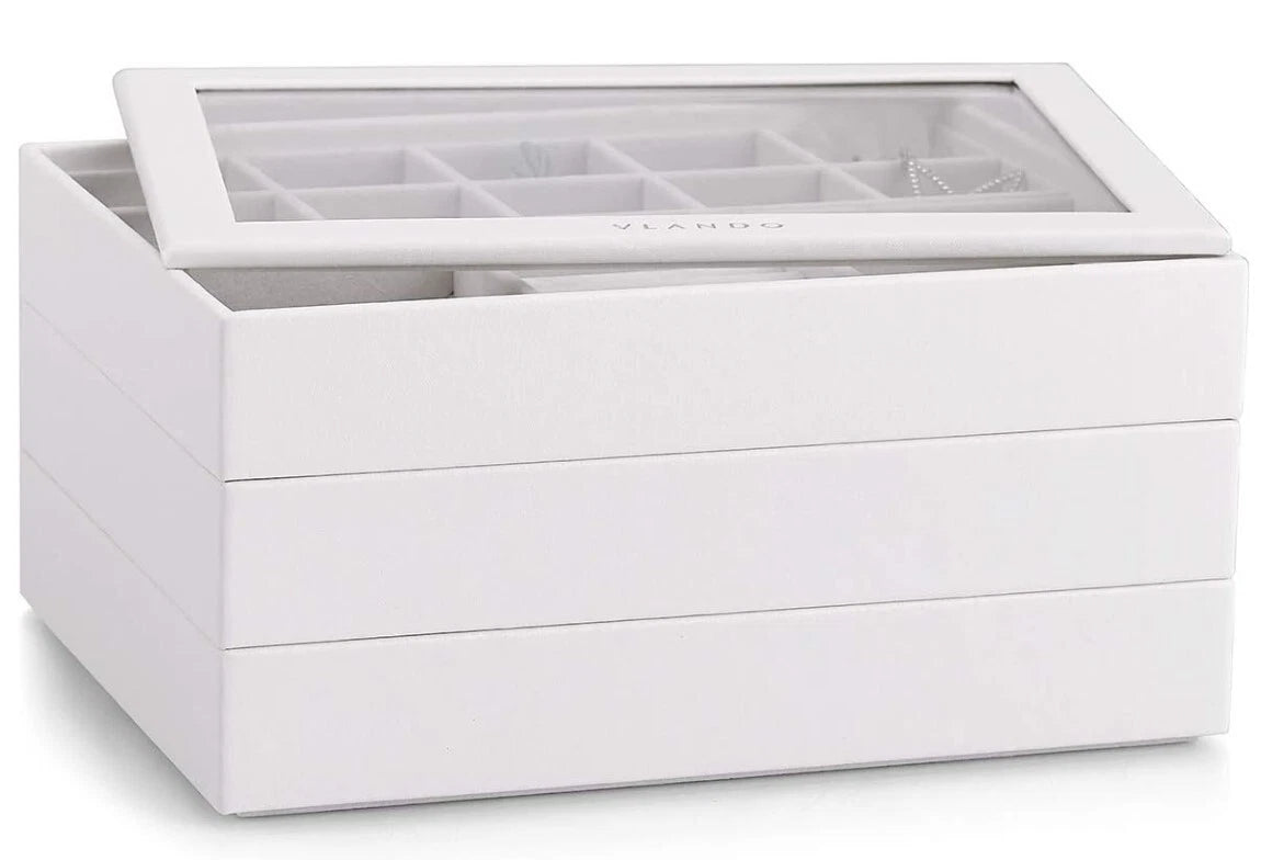 Vlando Stackable Jewelry Trays Organizer Set with Clear Lid - White Faux Leather | eBay