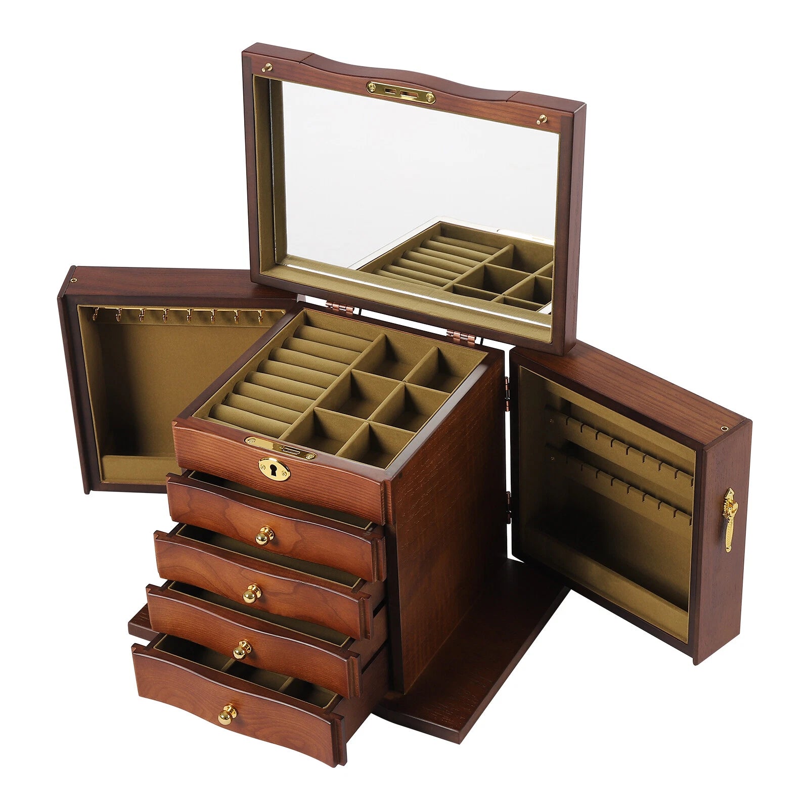 Wooden 5 - Layer Large 4 Drawers Jewelry Box Fit Wowen With Mirror Organizer Box | eBay