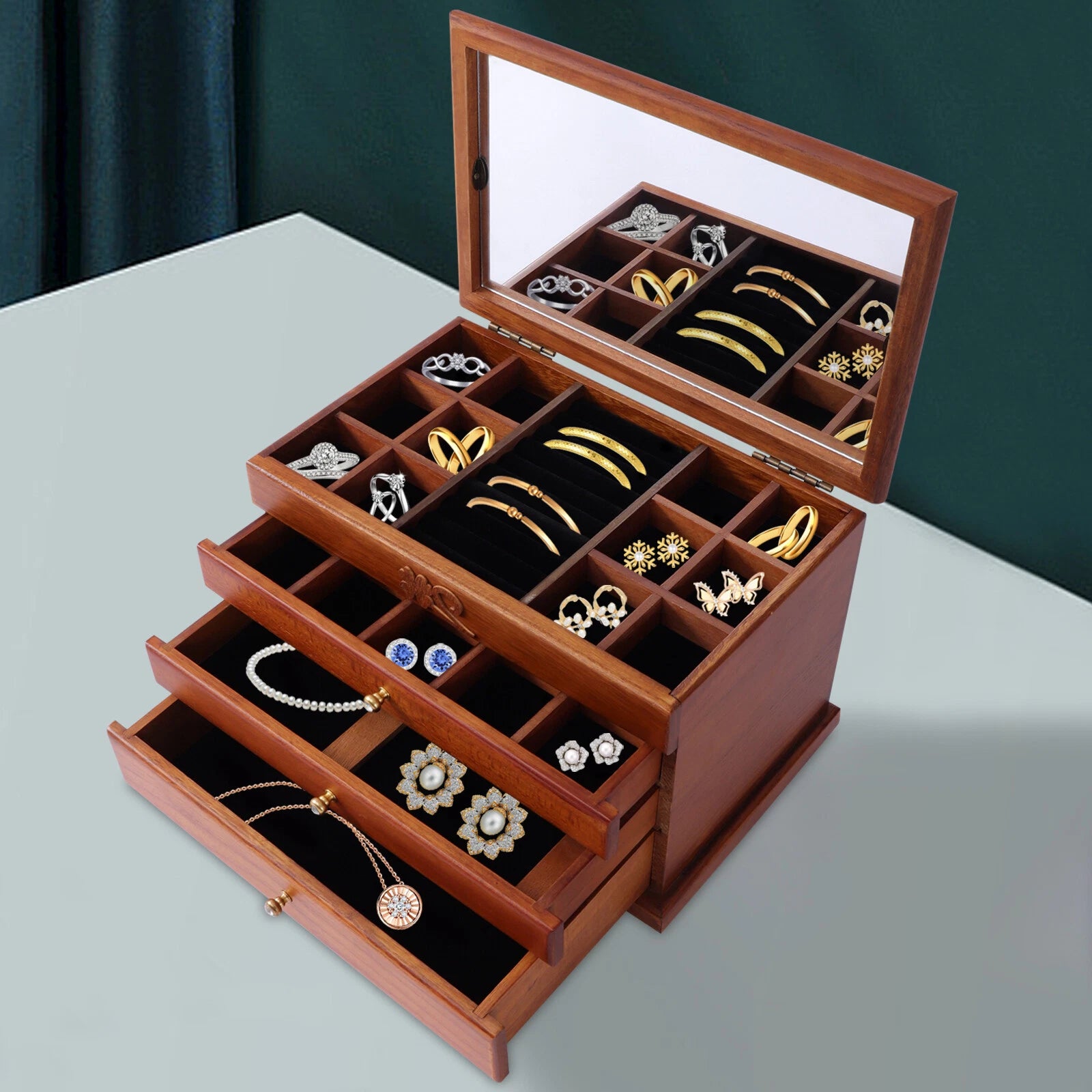 Wooden Jewelry Box Large Capacity Jewelry Organizer w/Mirror+4 Layers Drawers US | eBay