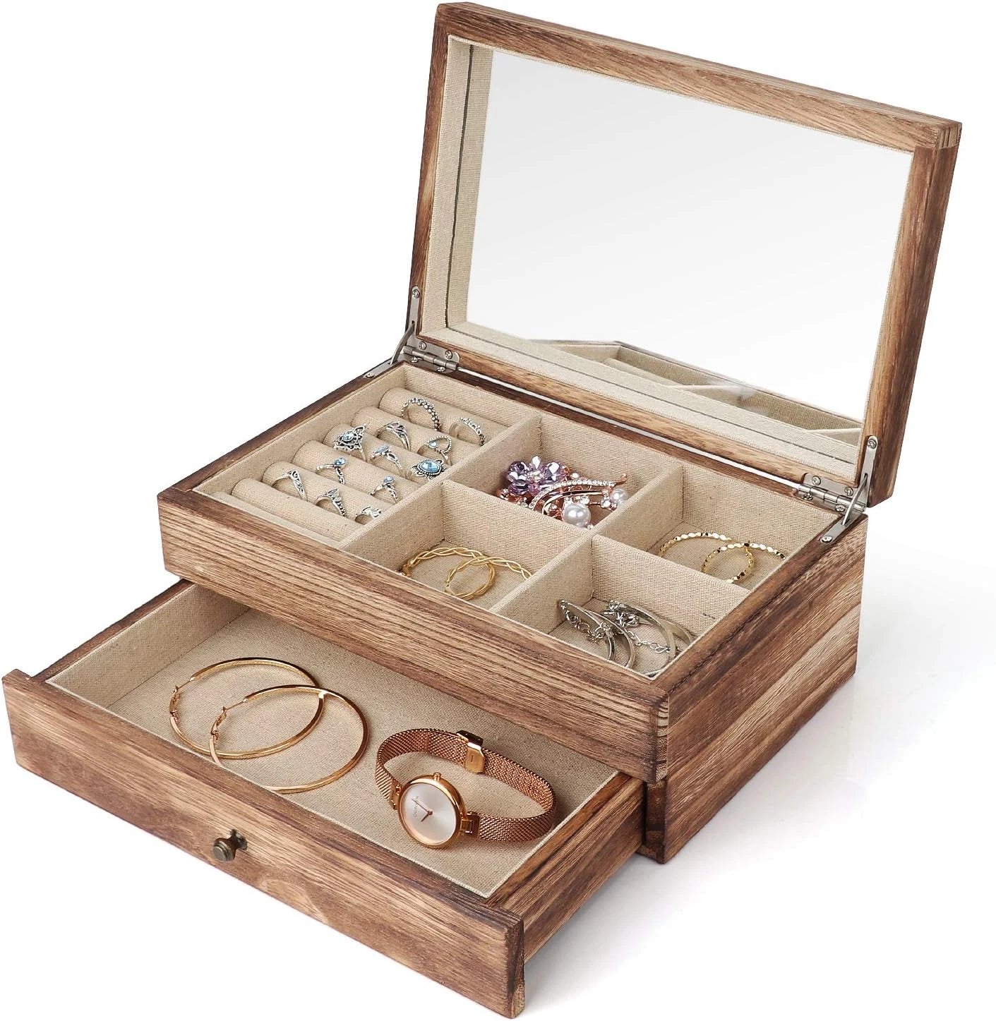 Jewelry Box Organizer for Women, 2 Layer Large Jewelry Storage Case, Rustic Wood | eBay