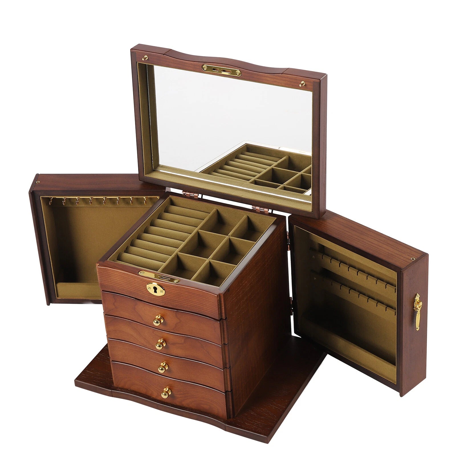 Wooden 5 - Layer Large 4 Drawers Jewelry Box Fit Wowen With Mirror Organizer Box | eBay