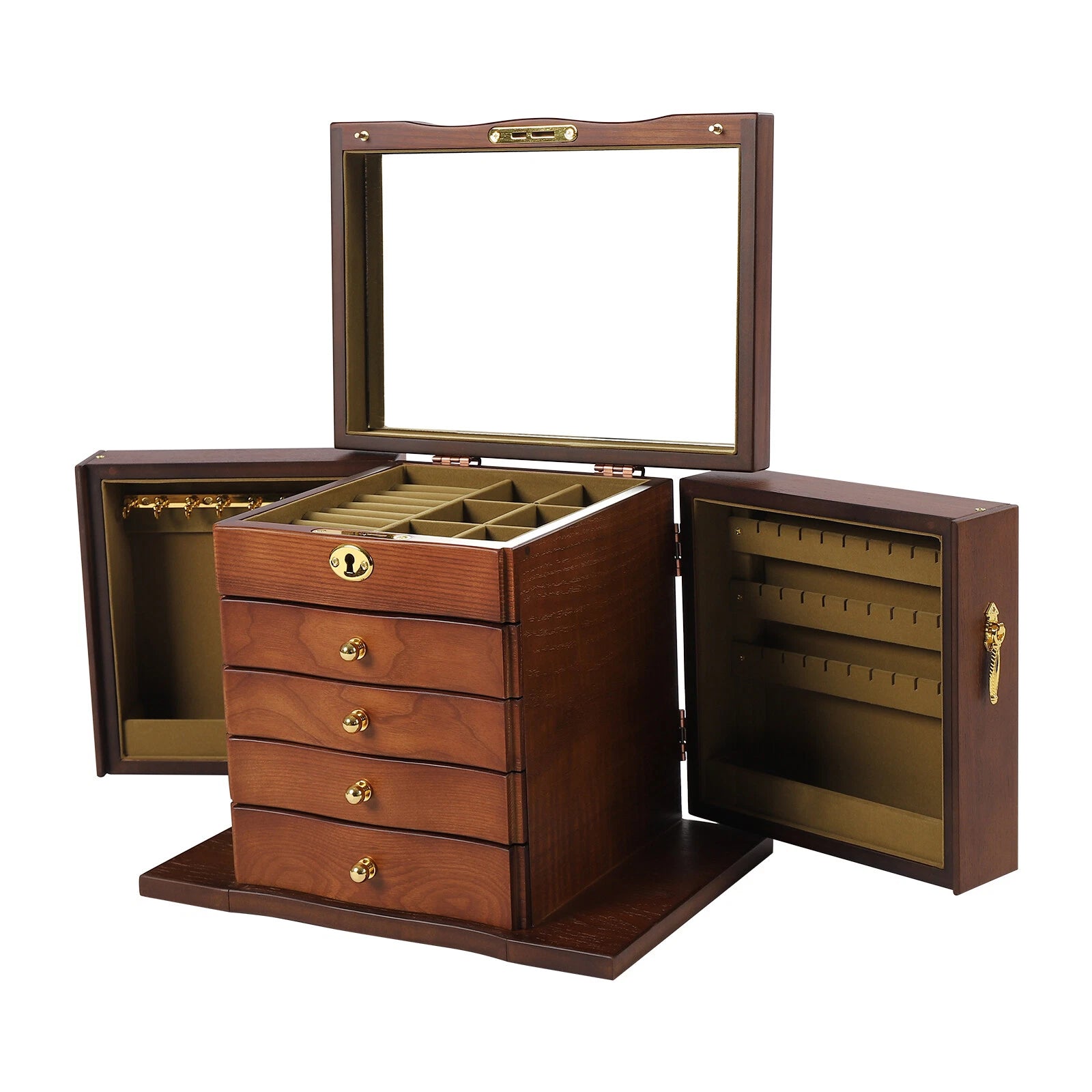 Wooden 5 - Layer Large 4 Drawers Jewelry Box Fit Wowen With Mirror Organizer Box | eBay