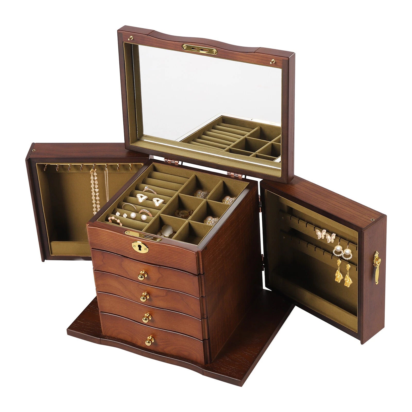 Wooden 5 - Layer Large 4 Drawers Jewelry Box Fit Wowen With Mirror Organizer Box | eBay