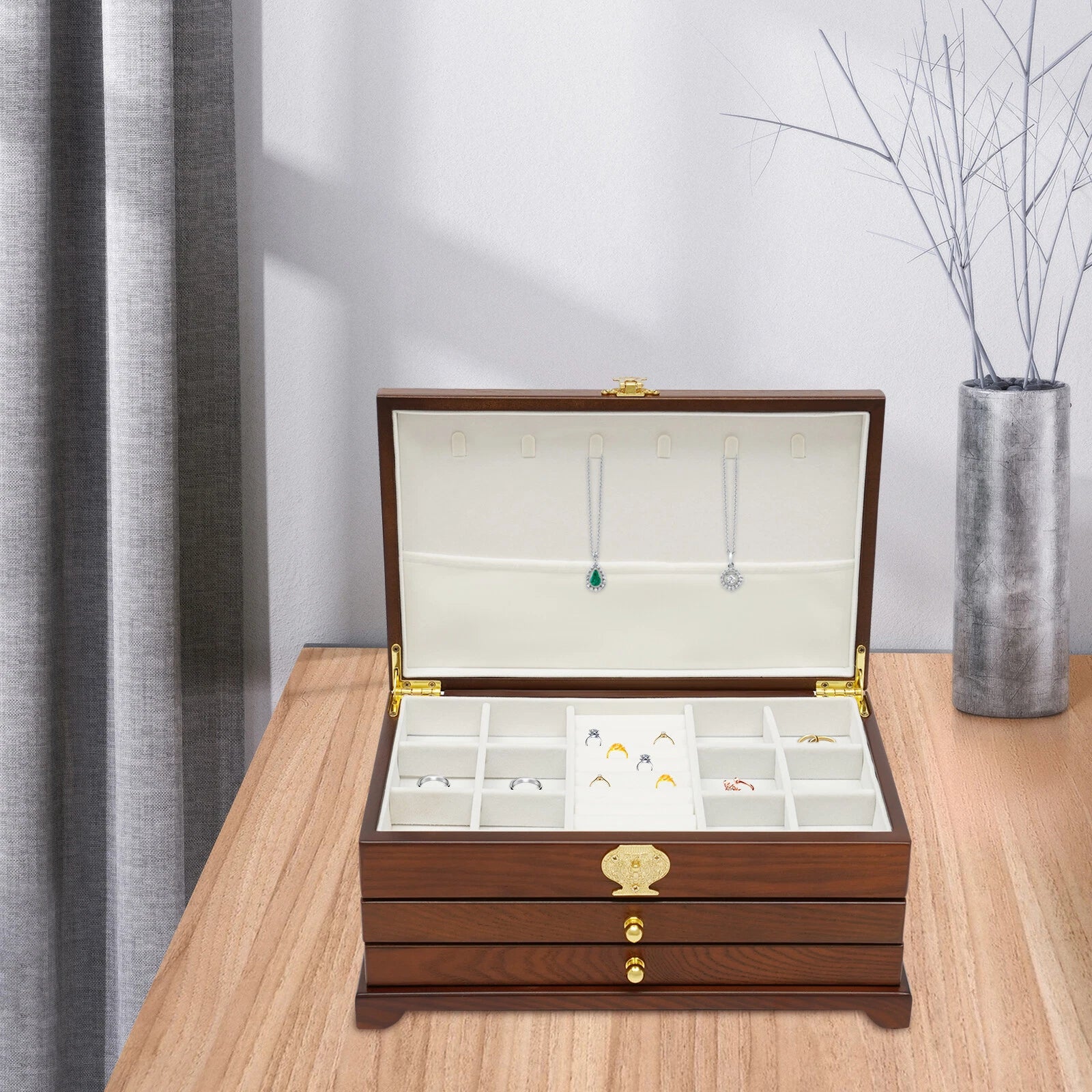 Elegant 3-Layer Jewelry Box with Pull-Out Drawer for Organized Storage | eBay
