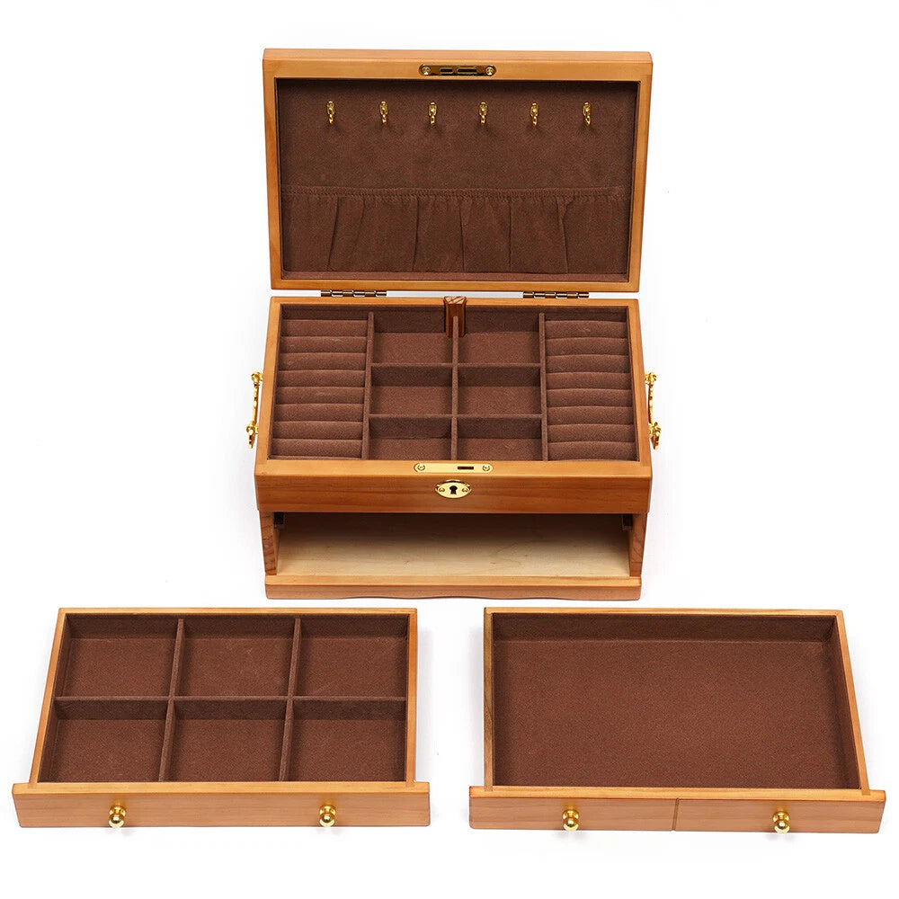 Large Capacity Wooden Jewelry Box 3 Layers W/ Safe Lock Retro Storage Organizer | eBay