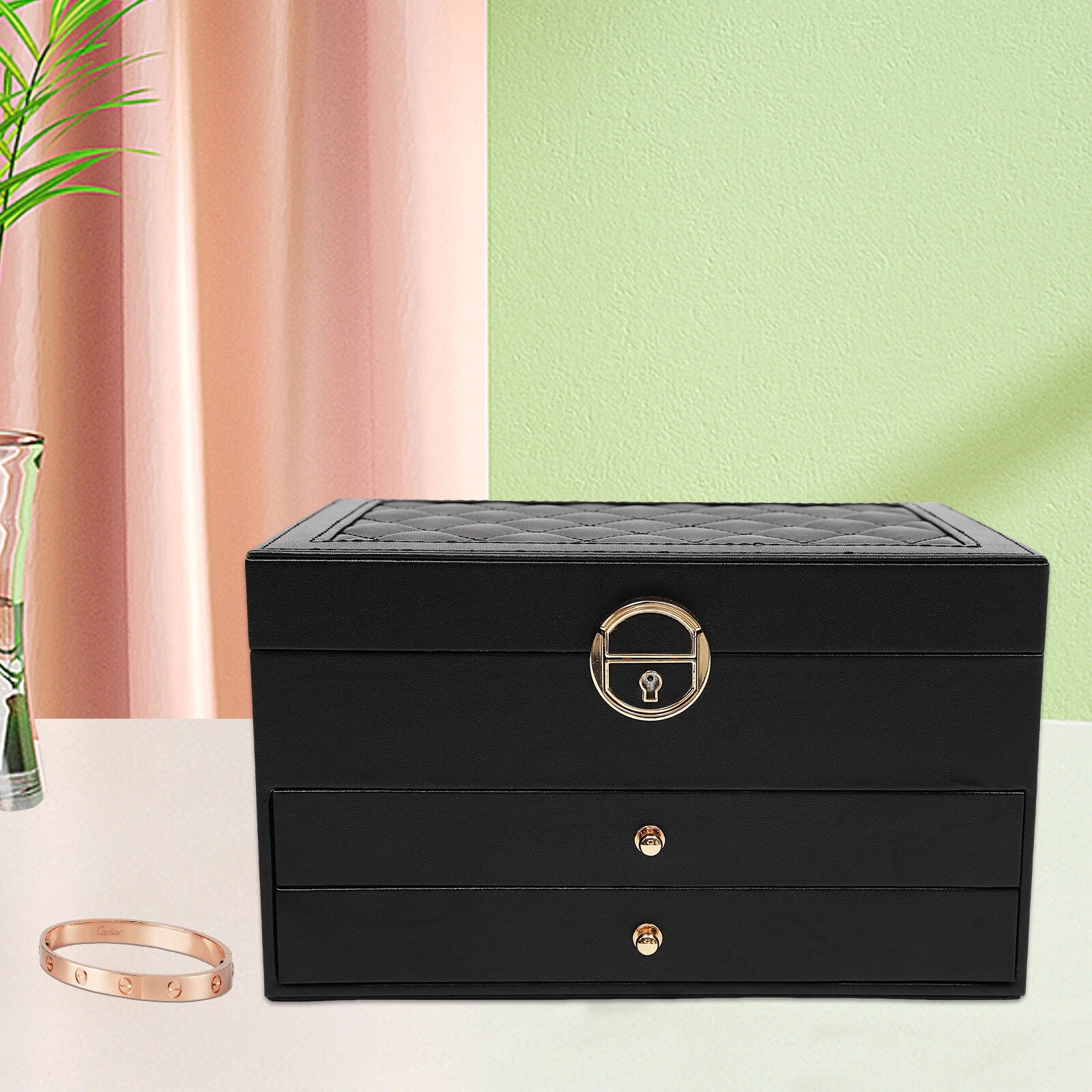 Lockable Jewelry Box Organizer PU 3tire Storage W/ 8built-in Hooks & Storage Bag | eBay
