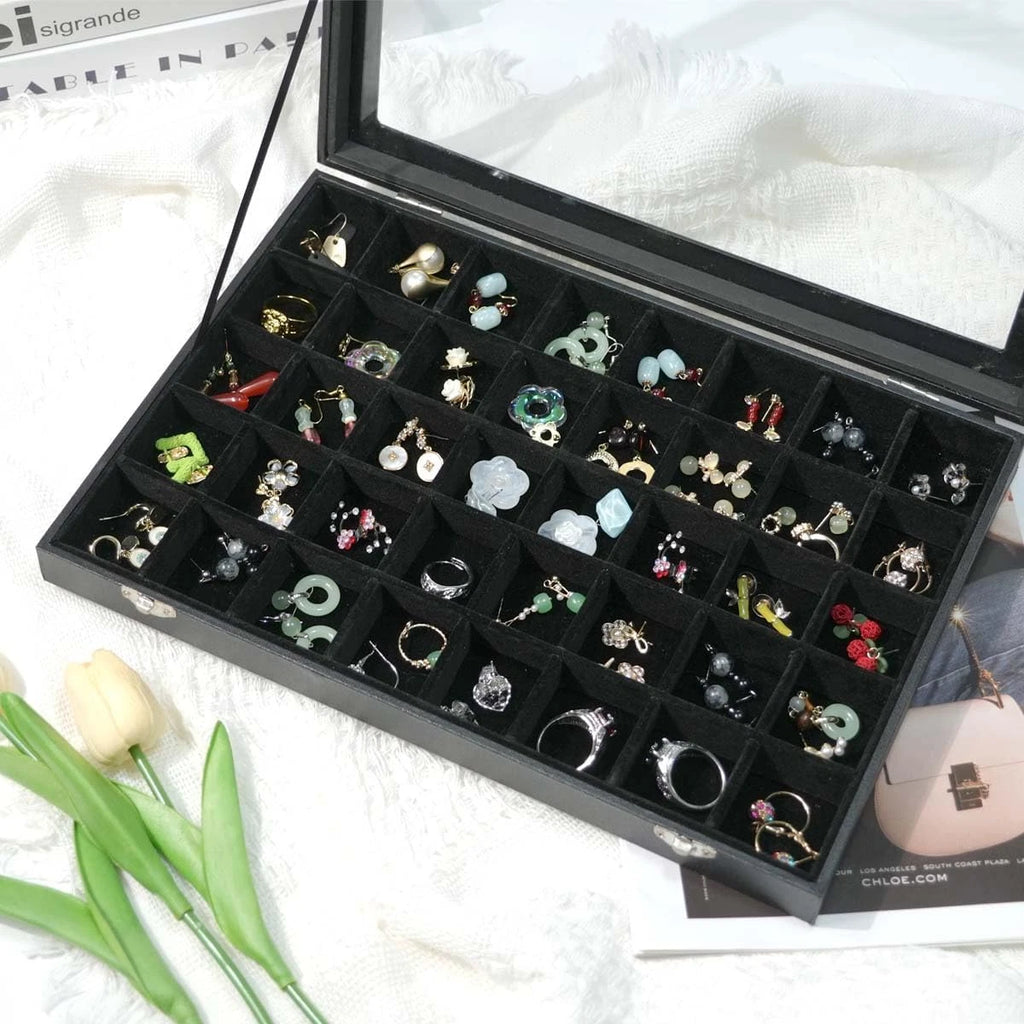 Black Velvet 40 Grid Earring Organizer Display Box Transparent lid Jewelry | eBay