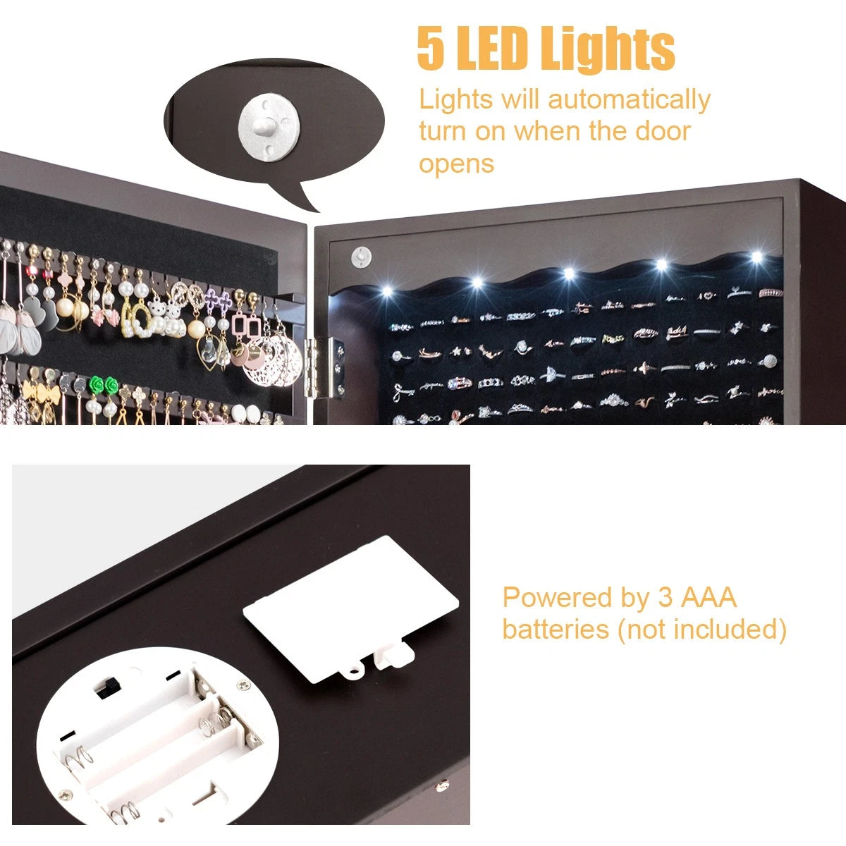 Home Wall Door Mounted LED Mirror Jewelry Cabinet Lockable Armoire w/ 6 Drawers 7461758935106| eBay