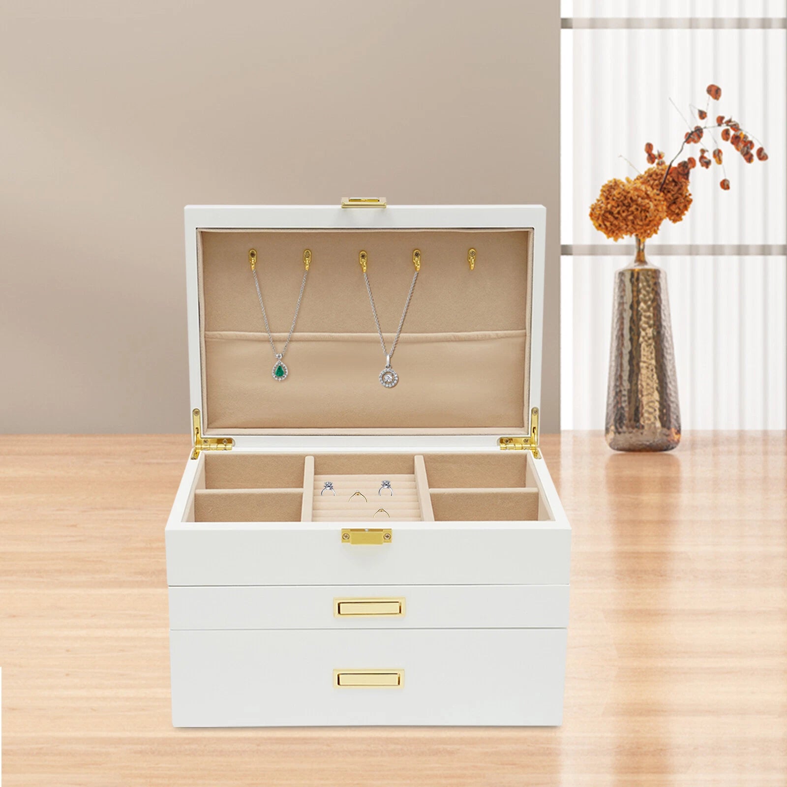 3 Layers Jewelry Storage Box W/ Safe Lock Large Capacity Organizer with 2 Drawer | eBay