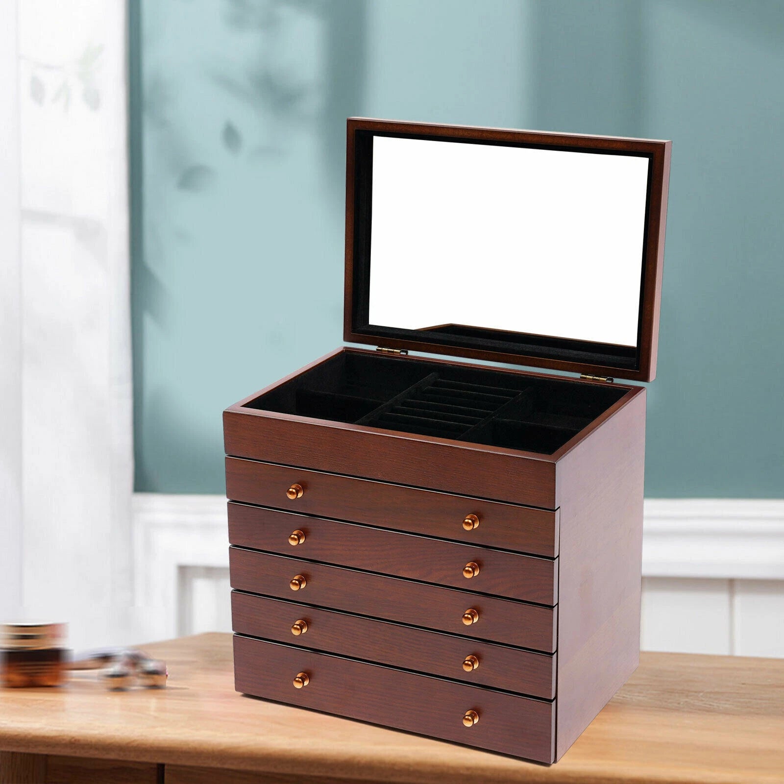 6 Layer Wooden Jewelry Storage Box Watches Necklace Case Cabinet with Drawers | eBay