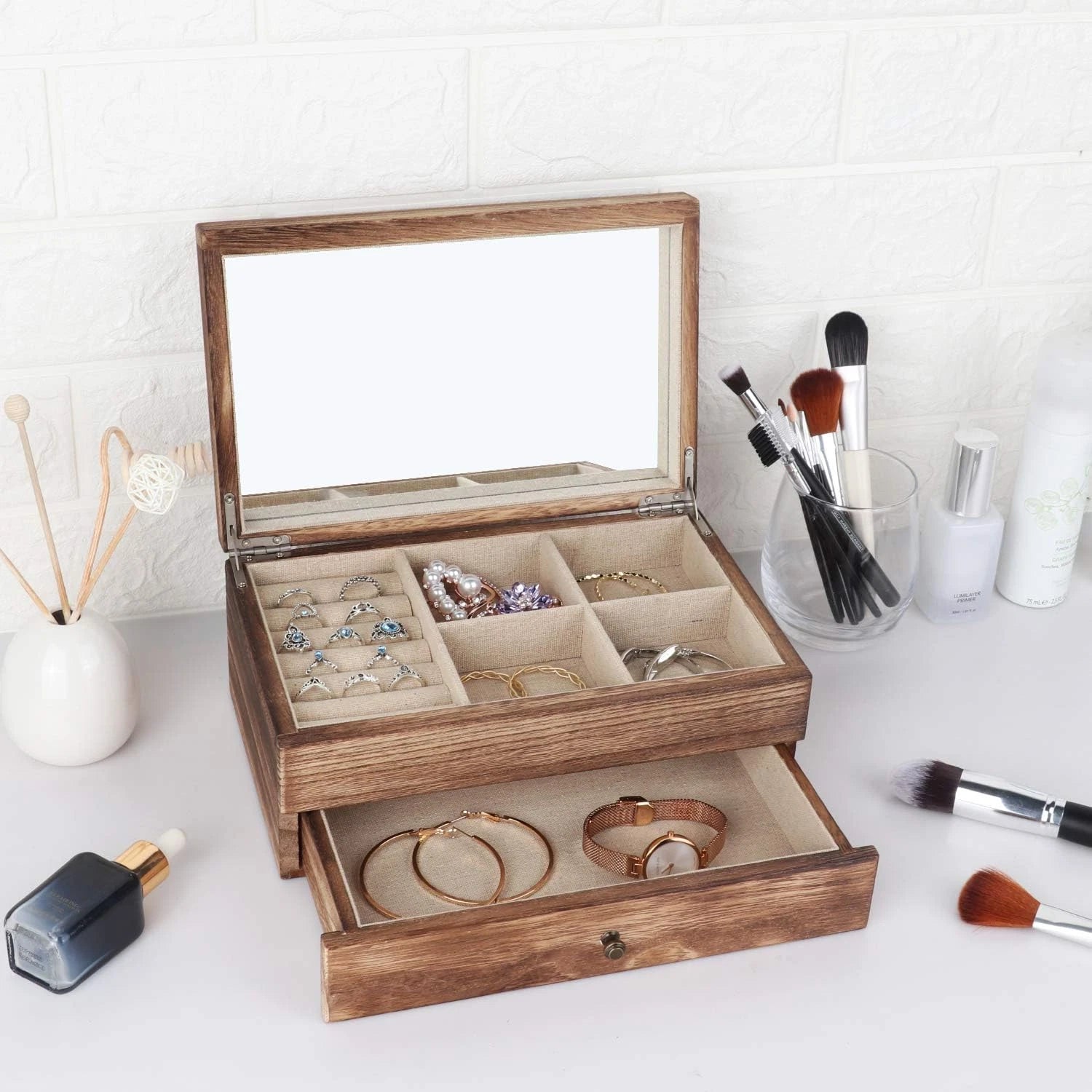 Jewelry Box Organizer for Women, 2 Layer Large Jewelry Storage Case, Rustic Wood | eBay