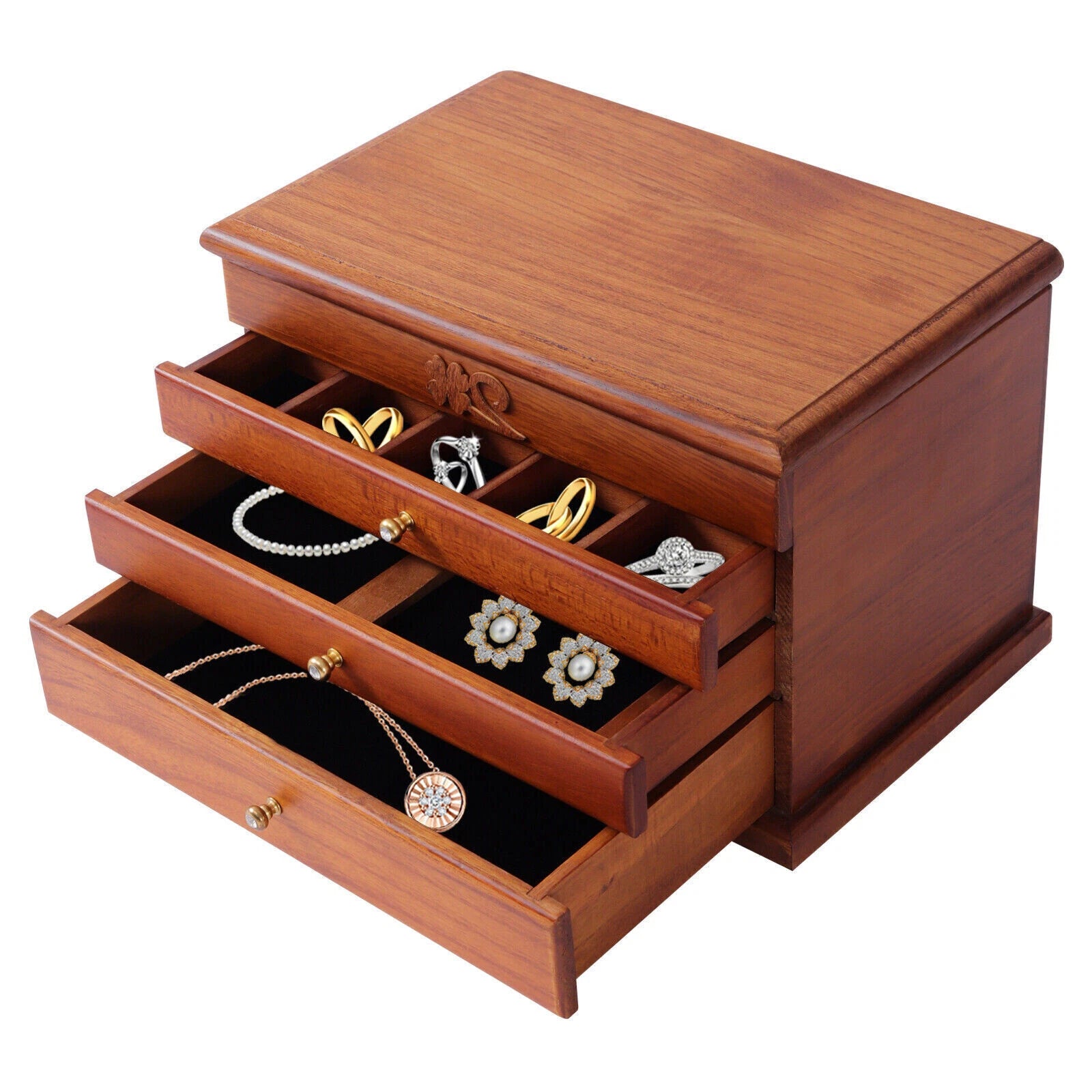 Jewelry Storage Box Ring Earrings Organizer Case with Drawer 4 Layers Wooden | eBay