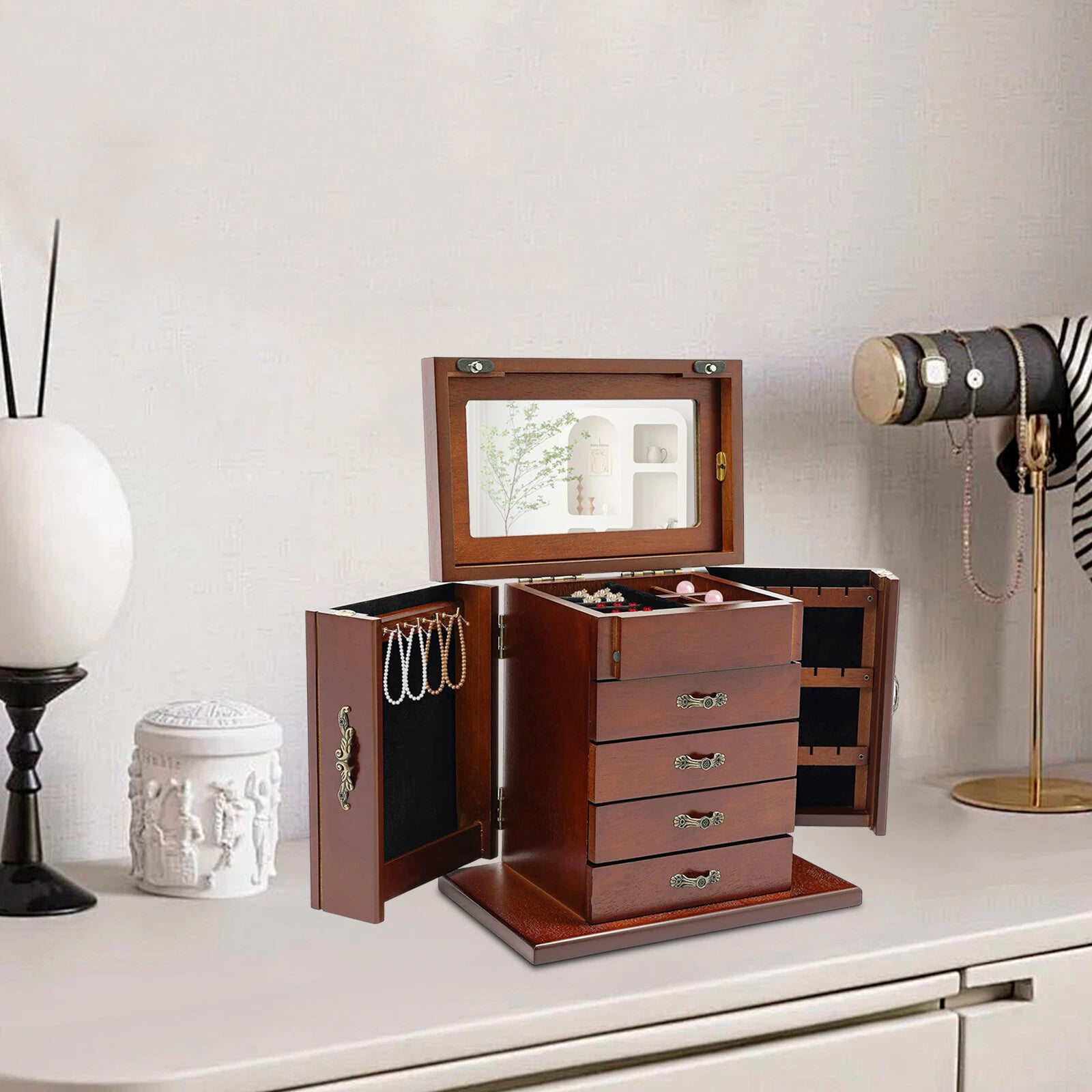 5 Layer Vintage Wooden Jewelry Box Organizer Necklace Rings Case Storage Cabinet | eBay