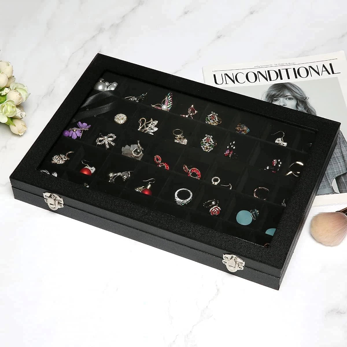 Black Velvet 40 Grid Earring Organizer Display Box Transparent lid Jewelry | eBay