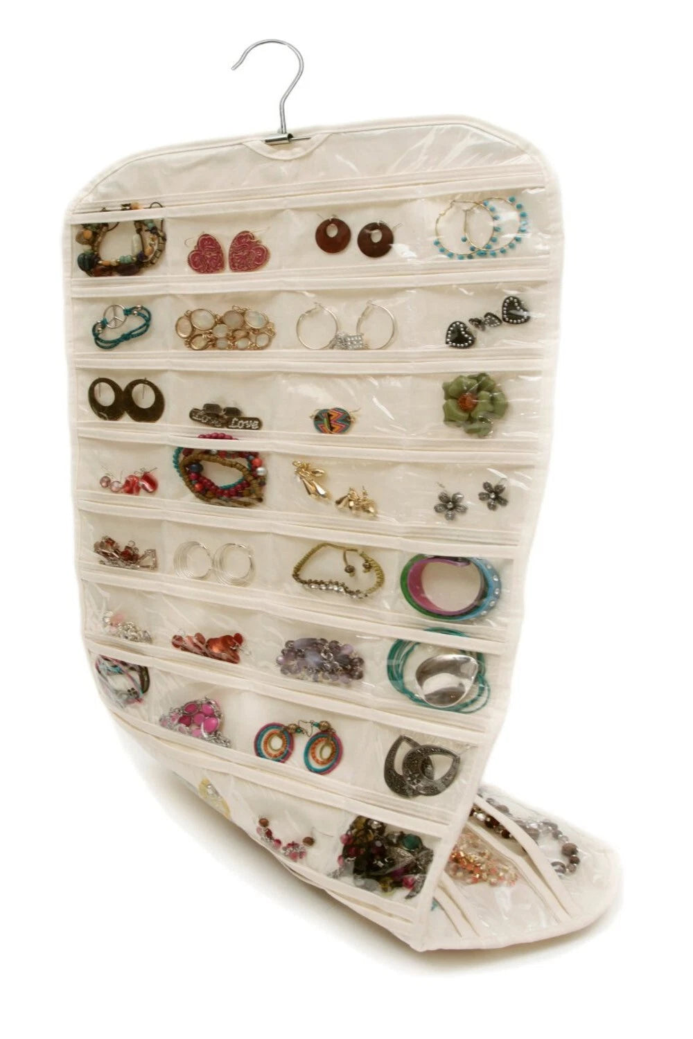 80 Pocket Hanging Jewelry Organizer Non-woven Fabrics Vinyl Metal Hanger Beige | eBay