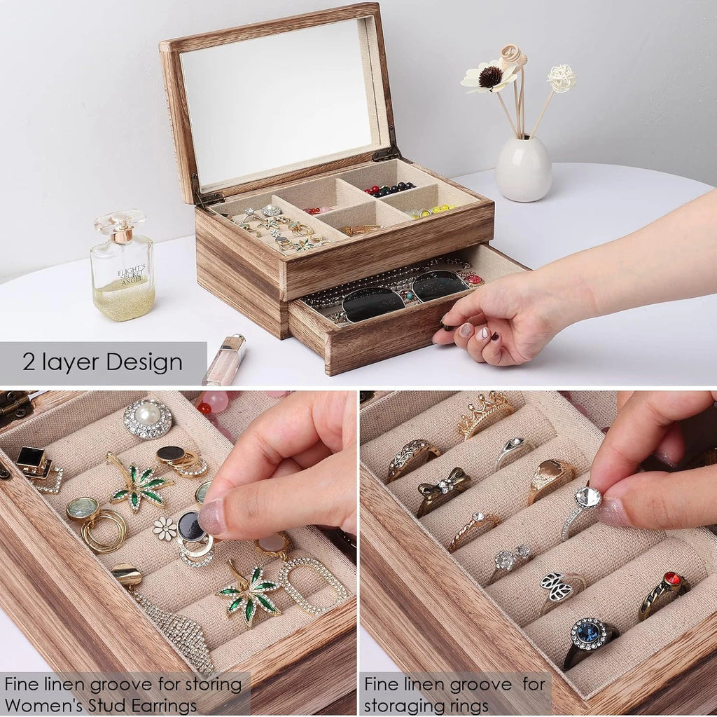 Jewelry Box Organizer for Women, 2 Layer Large Jewelry Storage Case, Rustic Wood | eBay