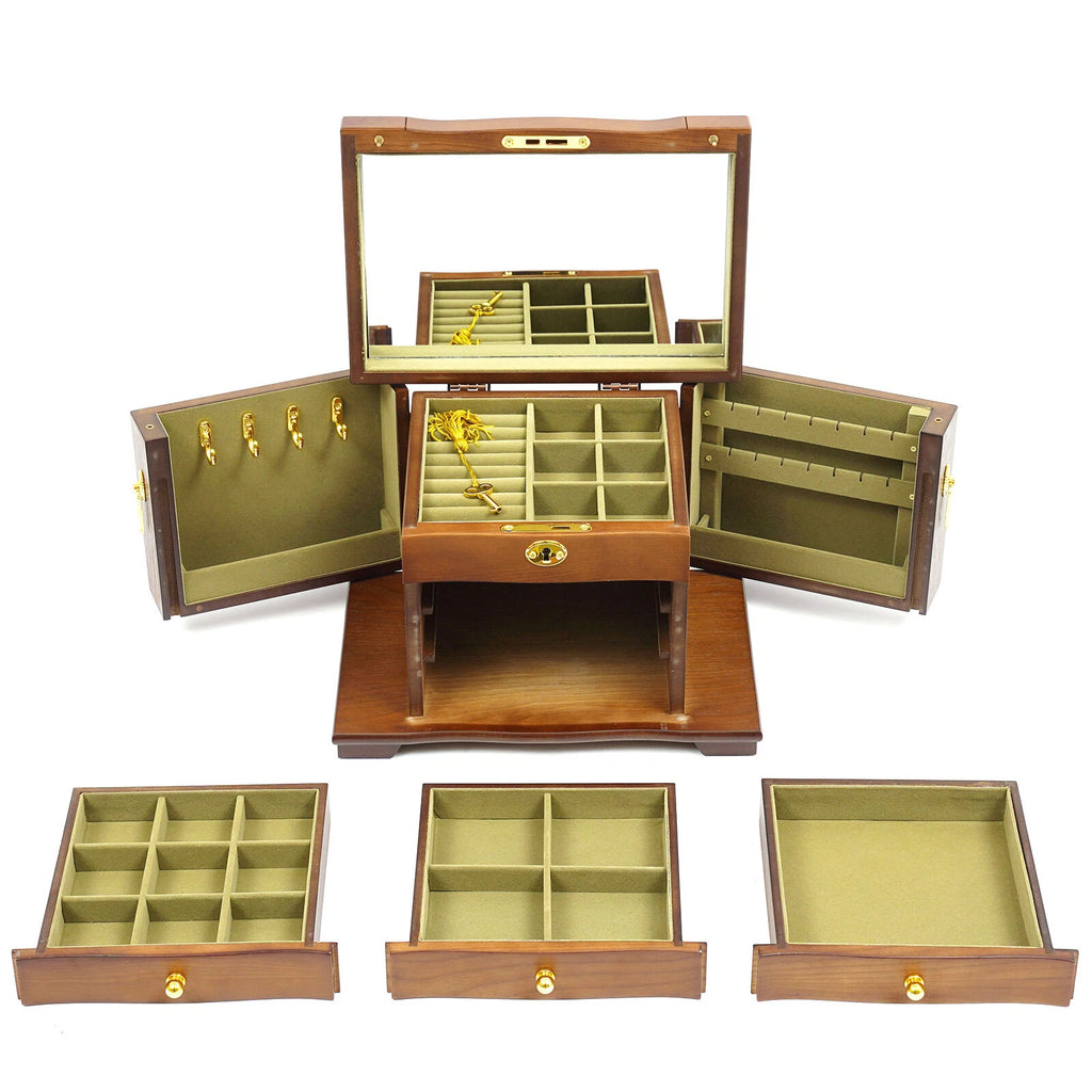 4 Tier Retro Lockable Jewelry Box Solid Wood Earrings Necklace Storage Organizer | eBay