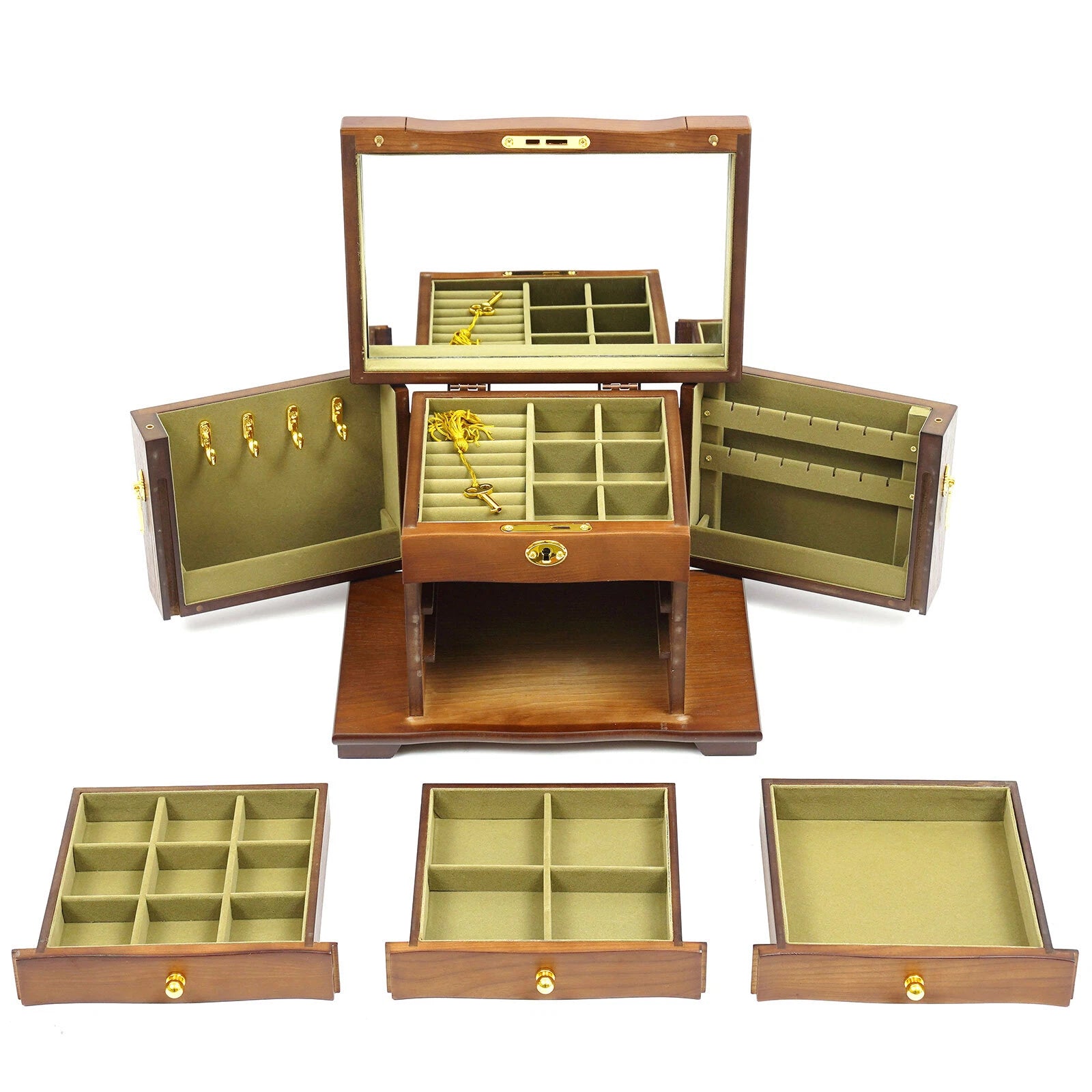 4 Tier Retro Lockable Jewelry Box Solid Wood Earrings Necklace Storage Organizer | eBay