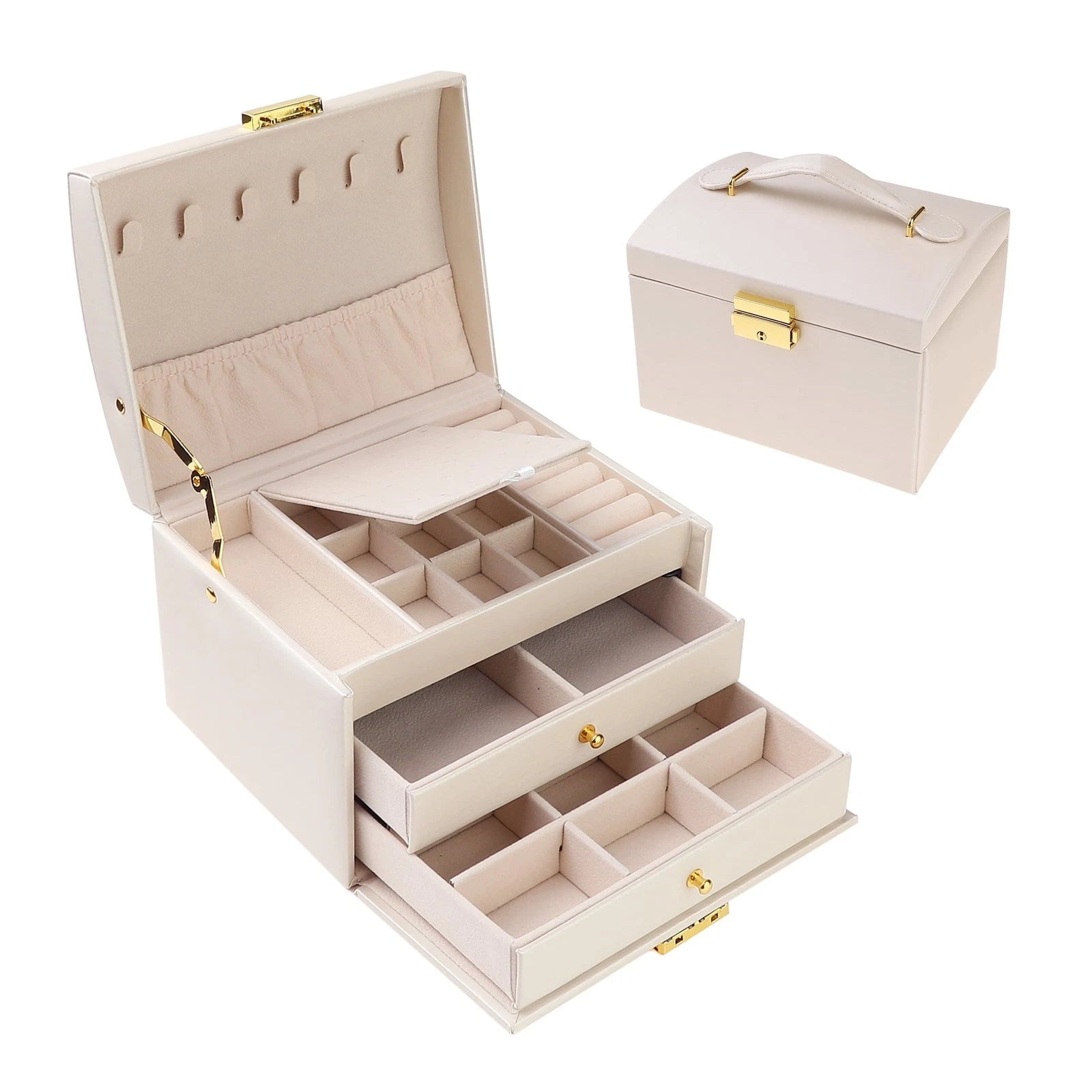 Three-layer jewelry box PU leather jewelry storage box with drawer white | eBay