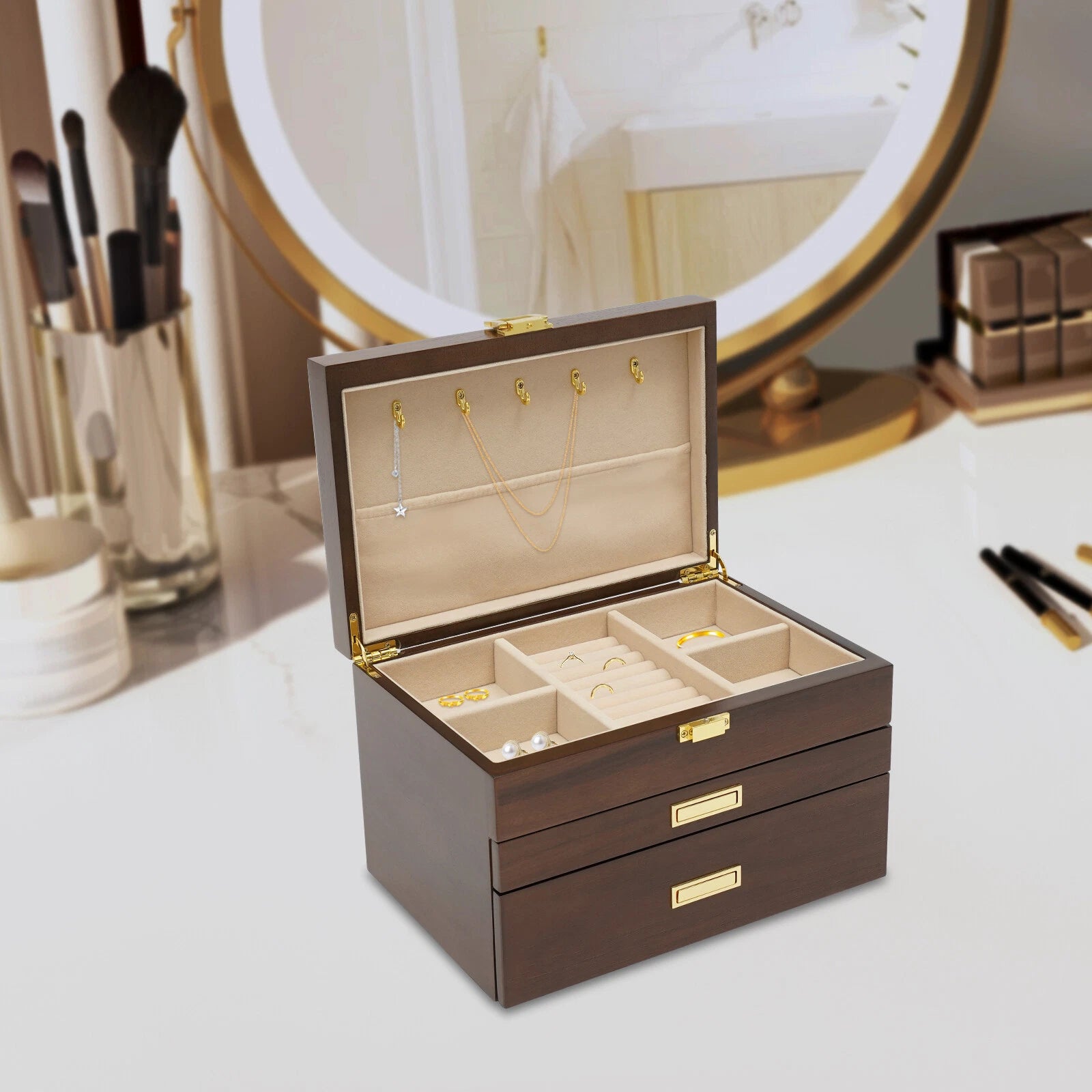 3 Layers Wooden Organizer Jewelry Storage Box with 2 Drawers Cabinet | eBay