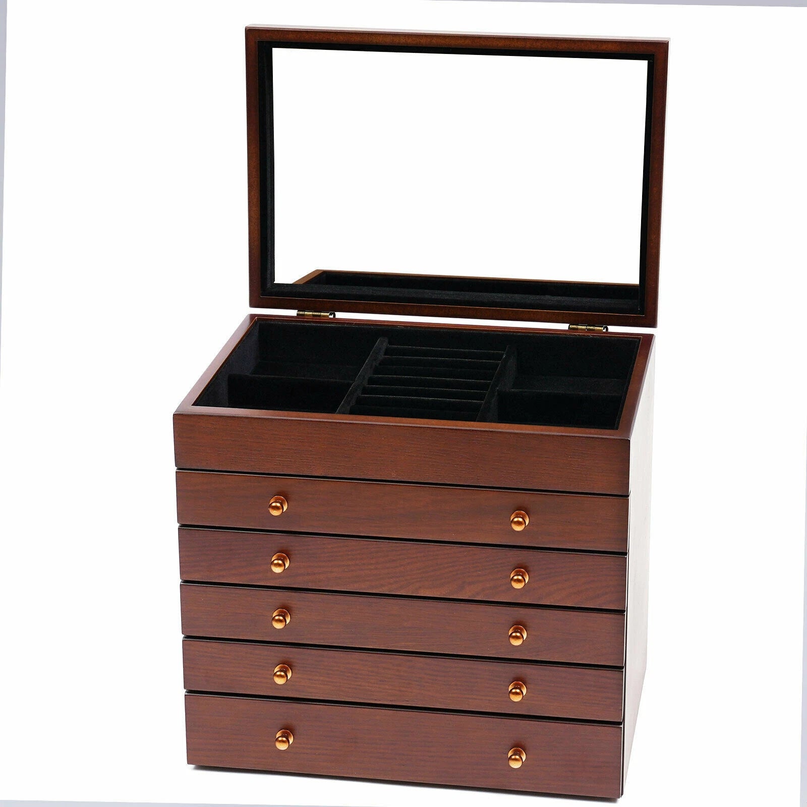 6 Layer Wooden Jewelry Storage Box Watches Necklace Case Cabinet with Drawers | eBay