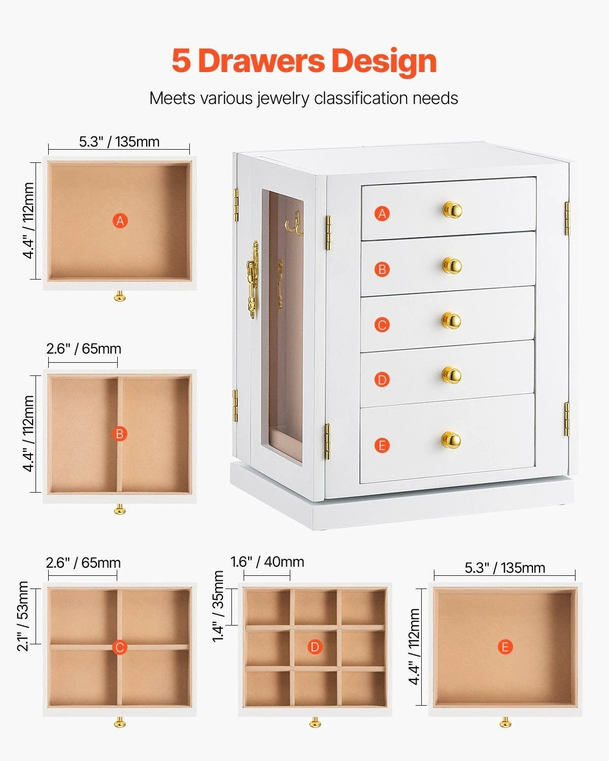 5-Drawer Jewelry Organizer - 360° Rotating White Jewelry Storage Box | eBay