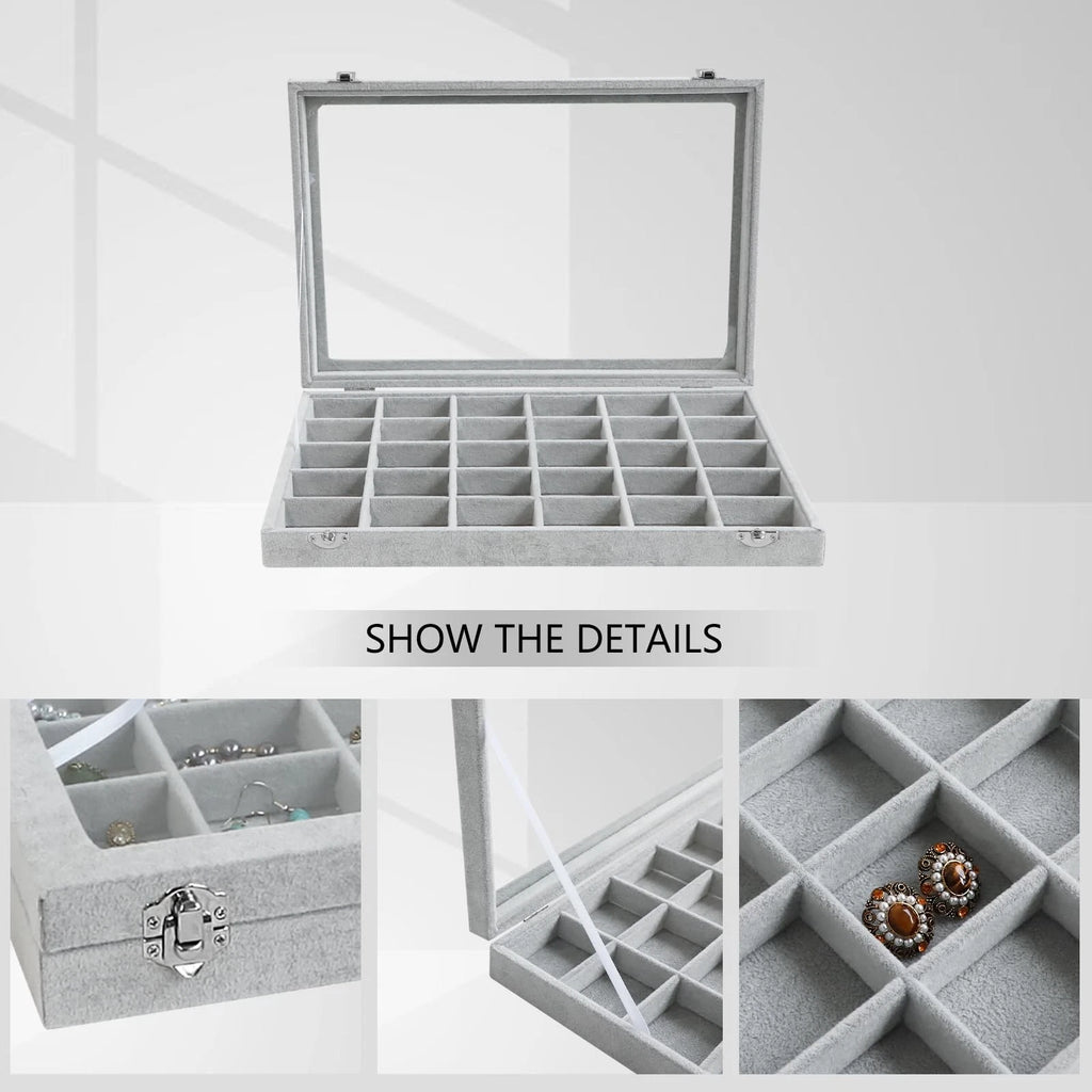 Wudygirl 30 Grid Jewelry Organizer Velvet Jewelry Box Jewelry Tray with Clear Li | eBay