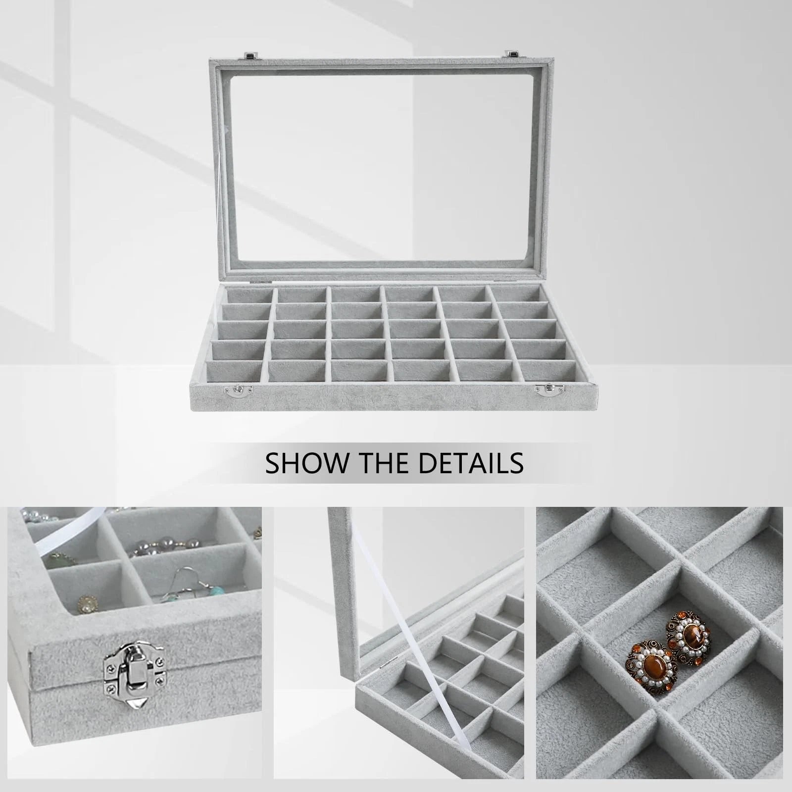 Wudygirl 30 Grid Jewelry Organizer Velvet Jewelry Box Jewelry Tray with Clear Li | eBay