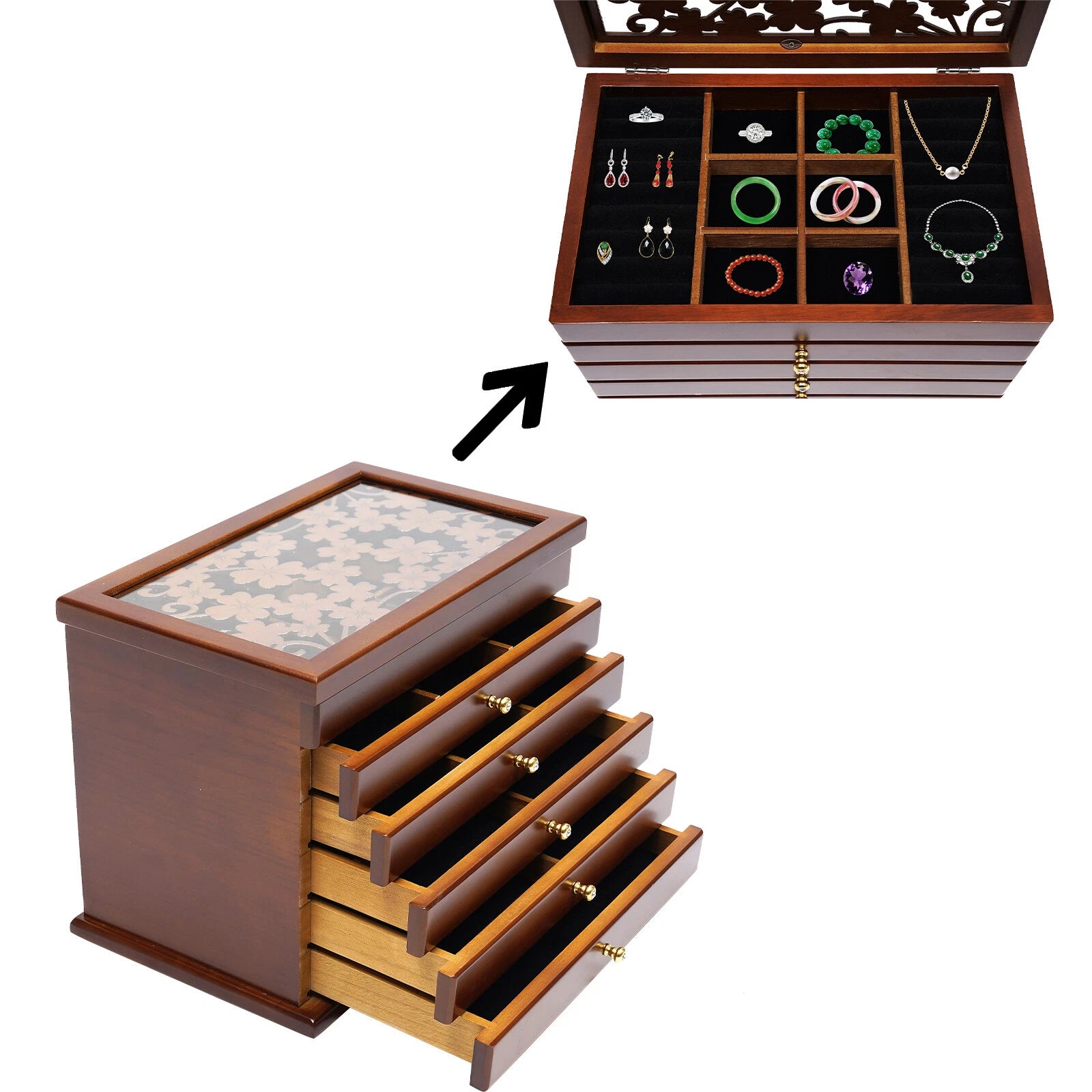 6 Layers Vintage Brown Jewelry Storage Wood Box Organizer Necklace Cabinet | eBay