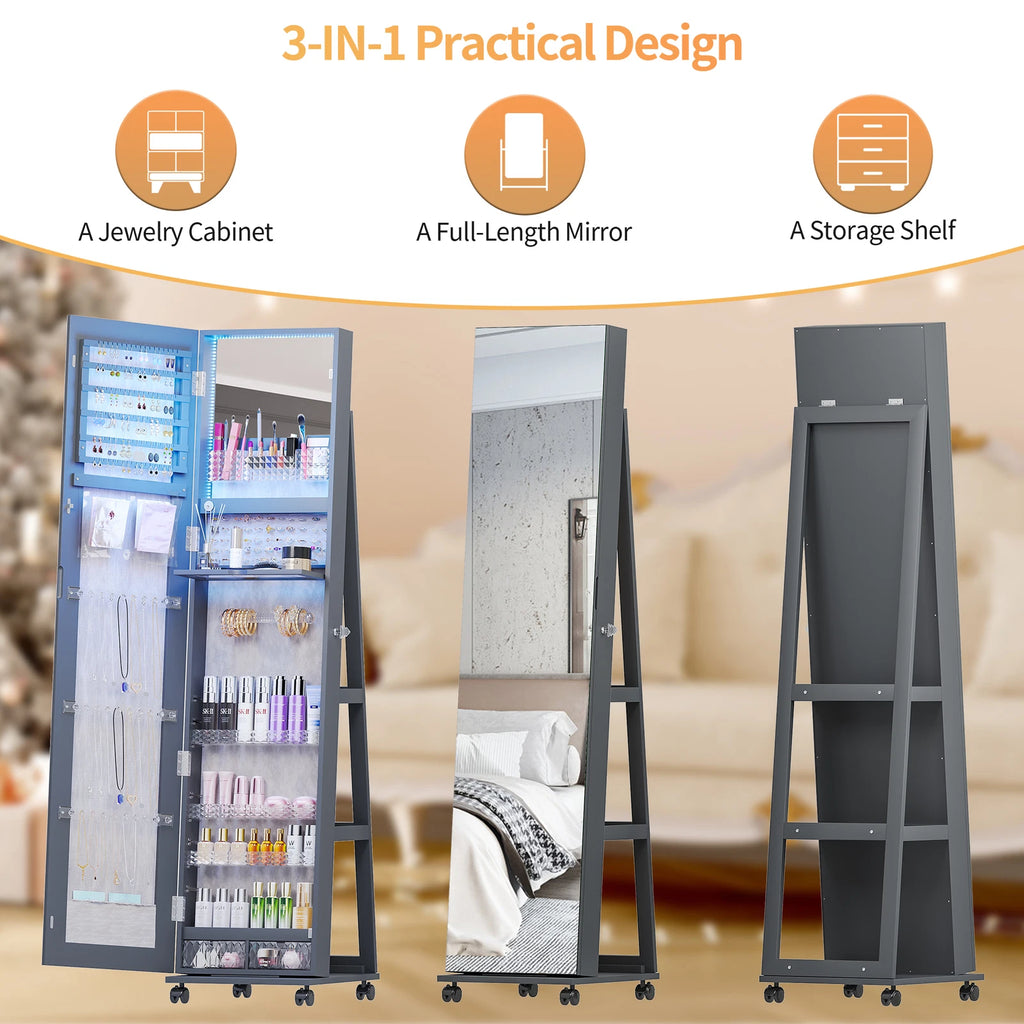 360° Rotating Jewelry Armoire Full Length Mirror Jewelry Organizer Cabinet | eBay