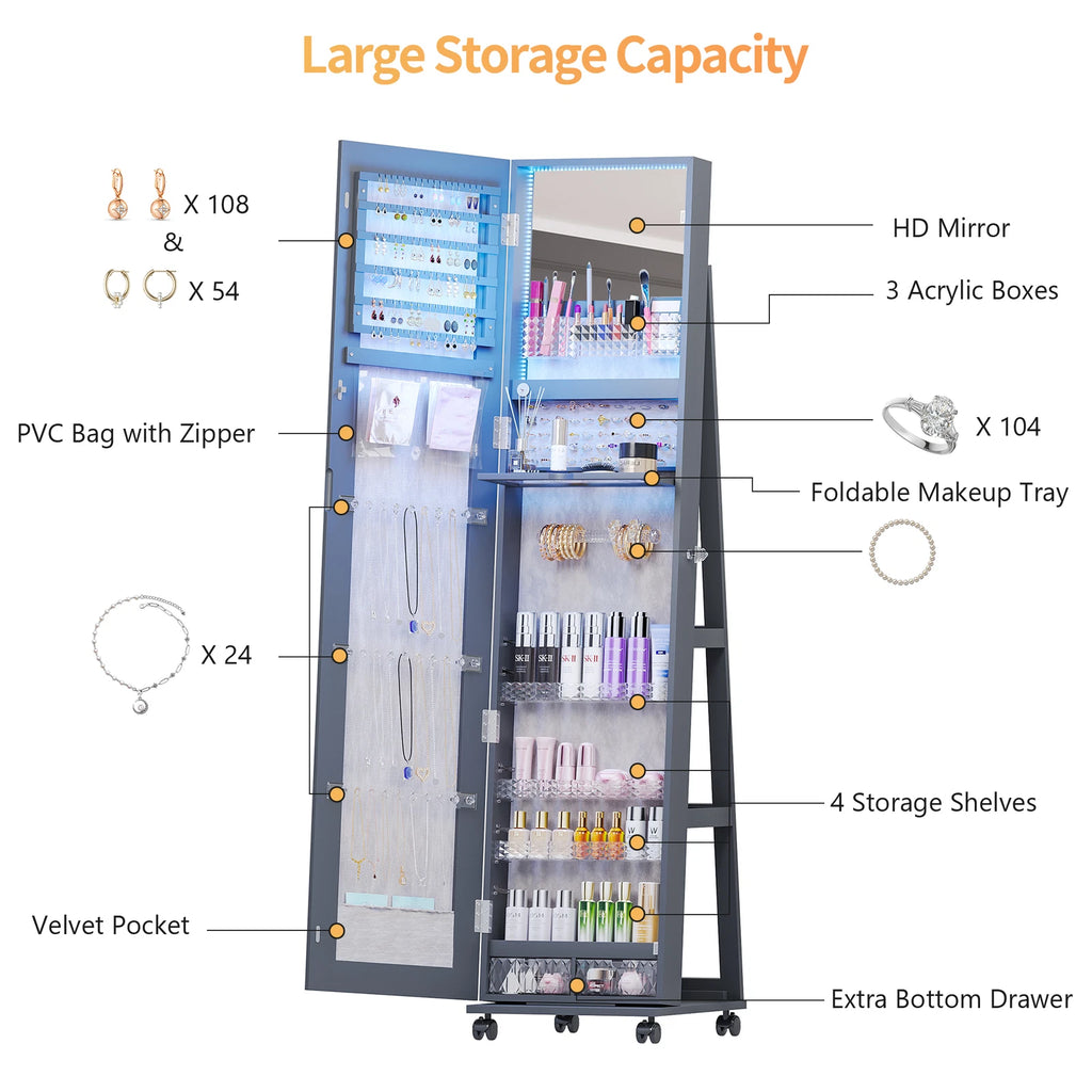 360° Rotating Jewelry Armoire Full Length Mirror Jewelry Organizer Cabinet | eBay