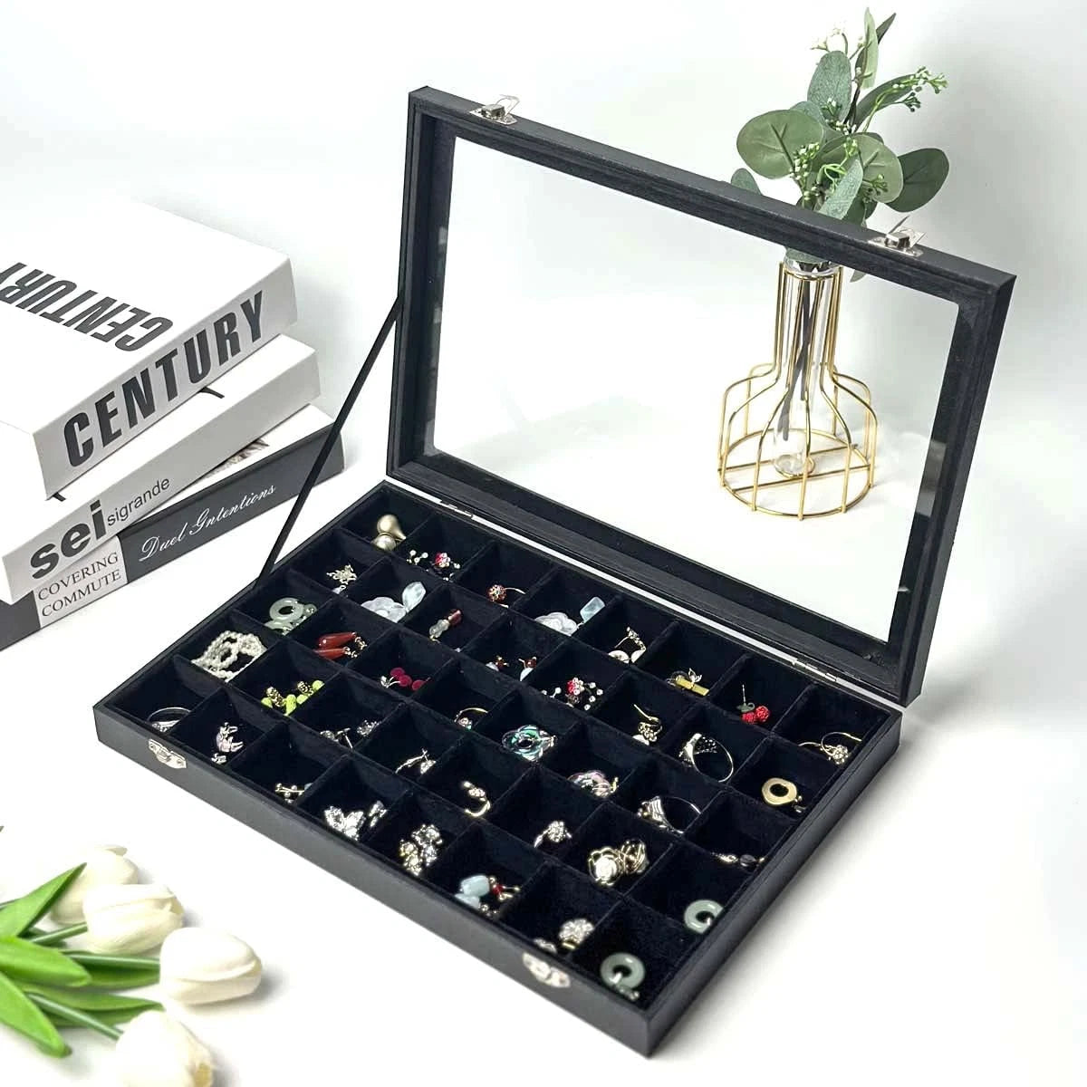 Black Velvet 40 Grid Earring Organizer Display Box Transparent lid Jewelry | eBay