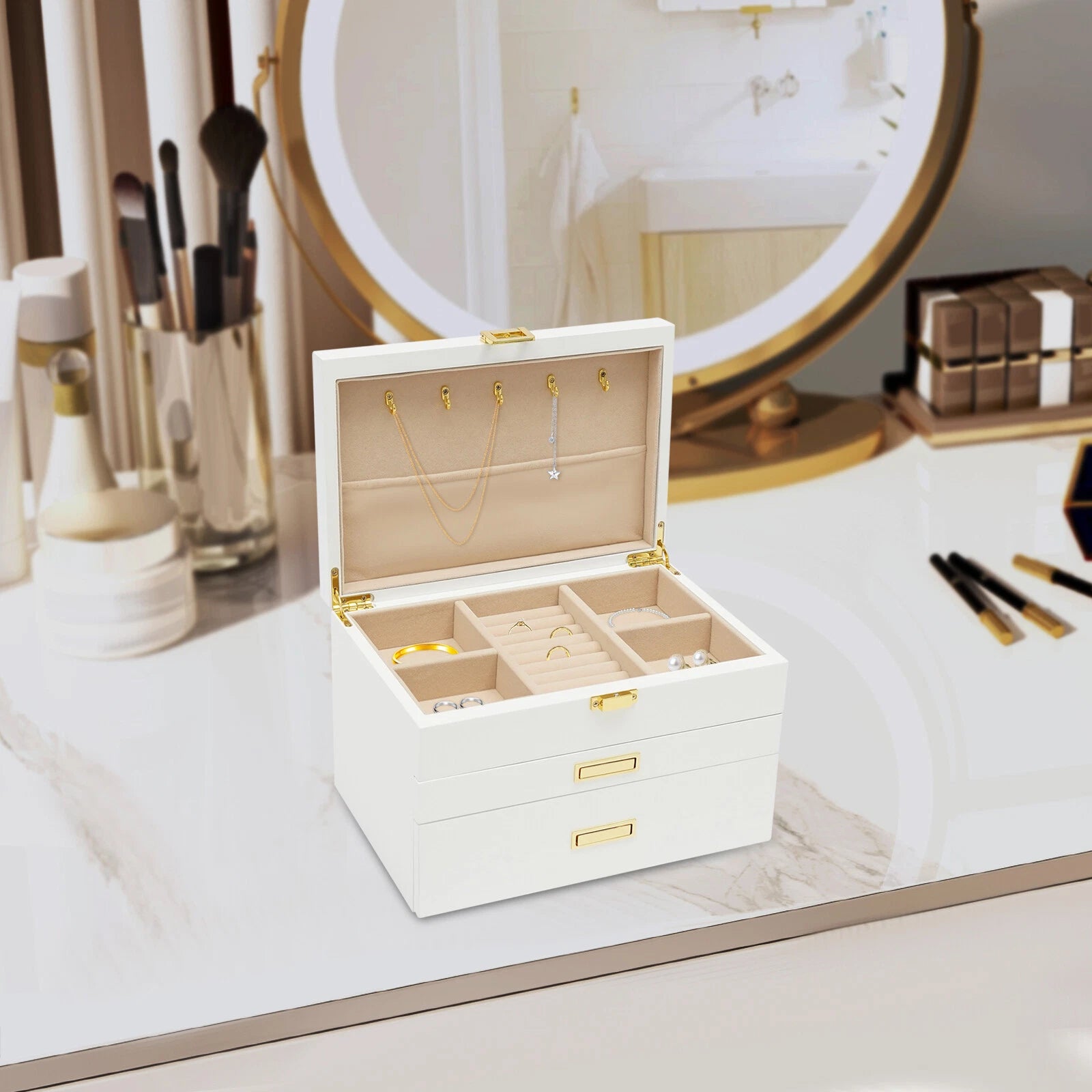 3 Layers Jewelry Storage Box W/ Safe Lock Large Capacity Organizer with 2 Drawer | eBay