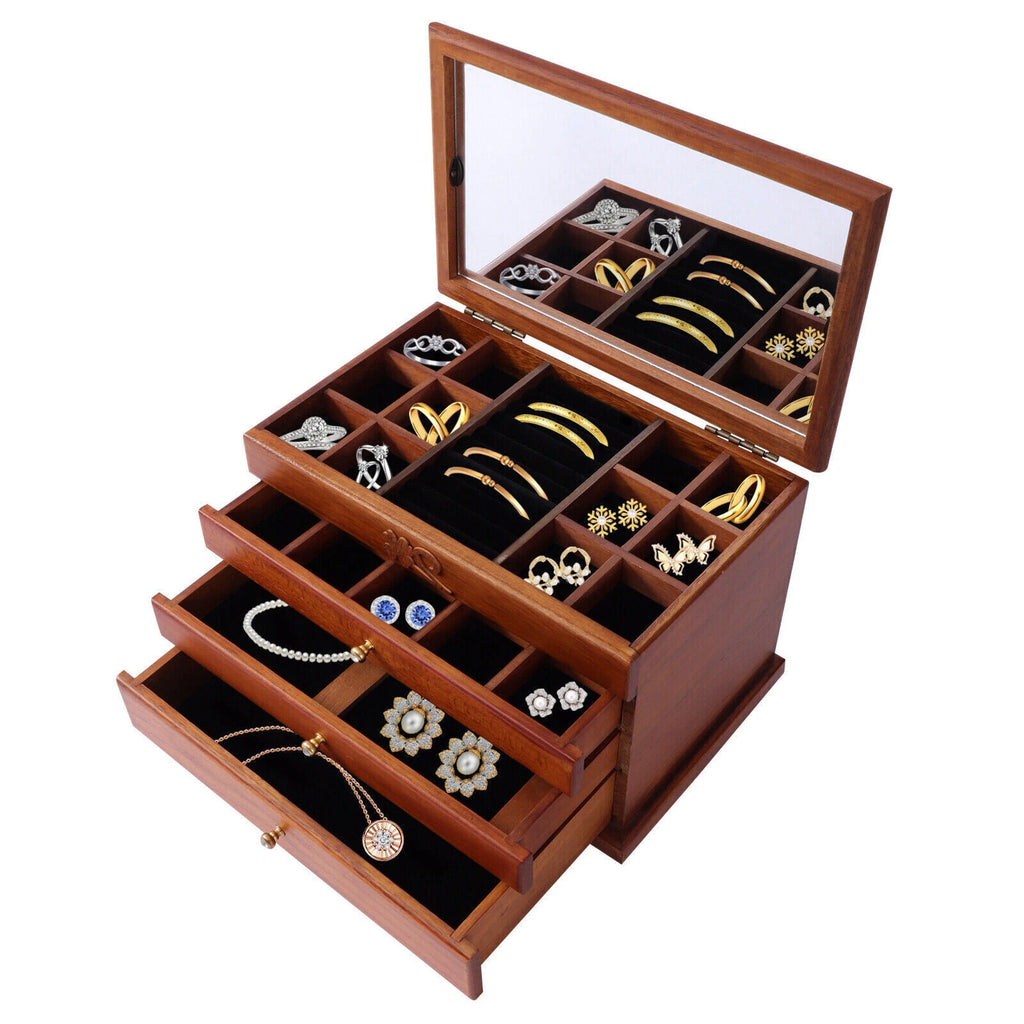 Jewelry Storage Box Ring Earrings Organizer Case with Drawer 4 Layers Wooden | eBay