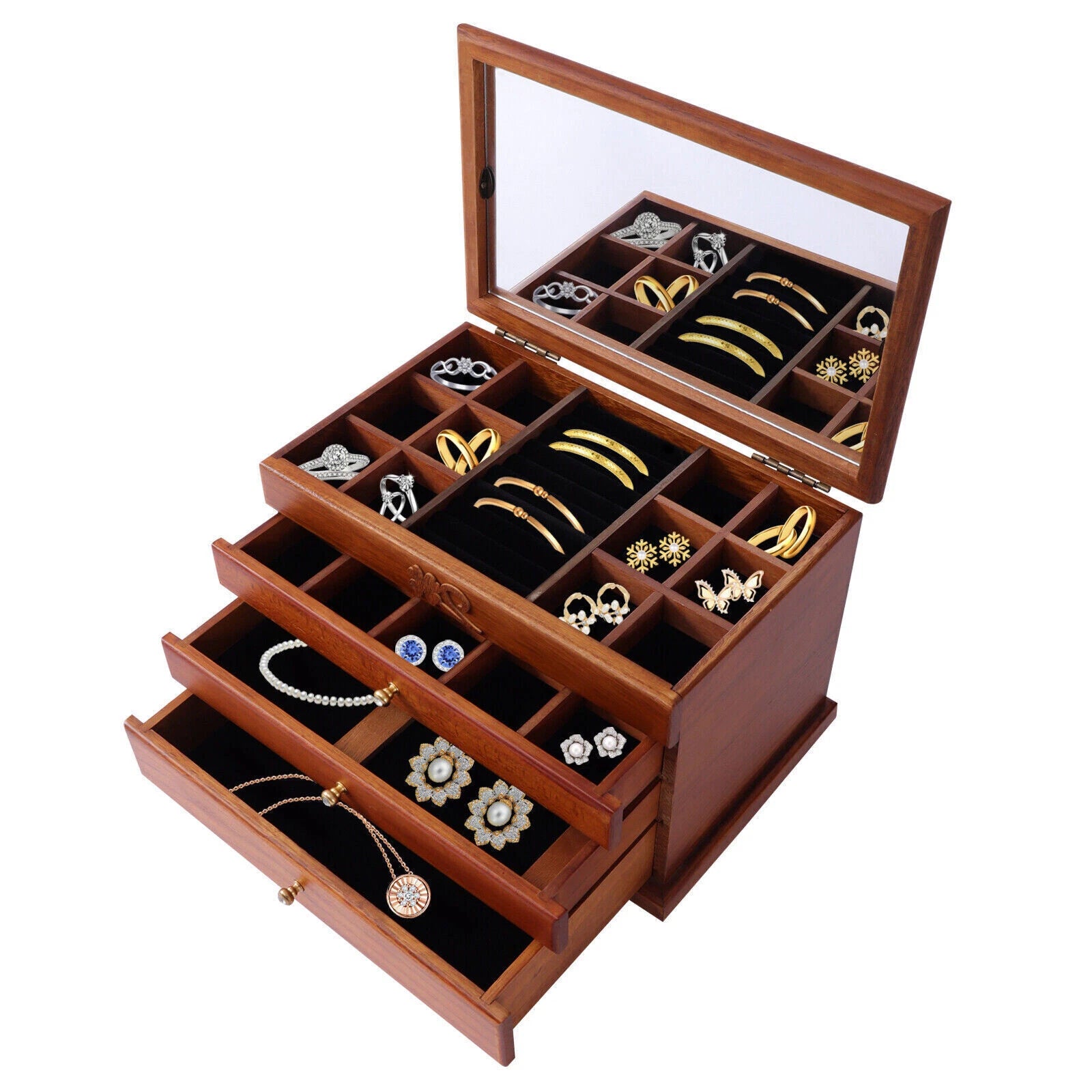 Jewelry Storage Box Ring Earrings Organizer Case with Drawer 4 Layers Wooden | eBay