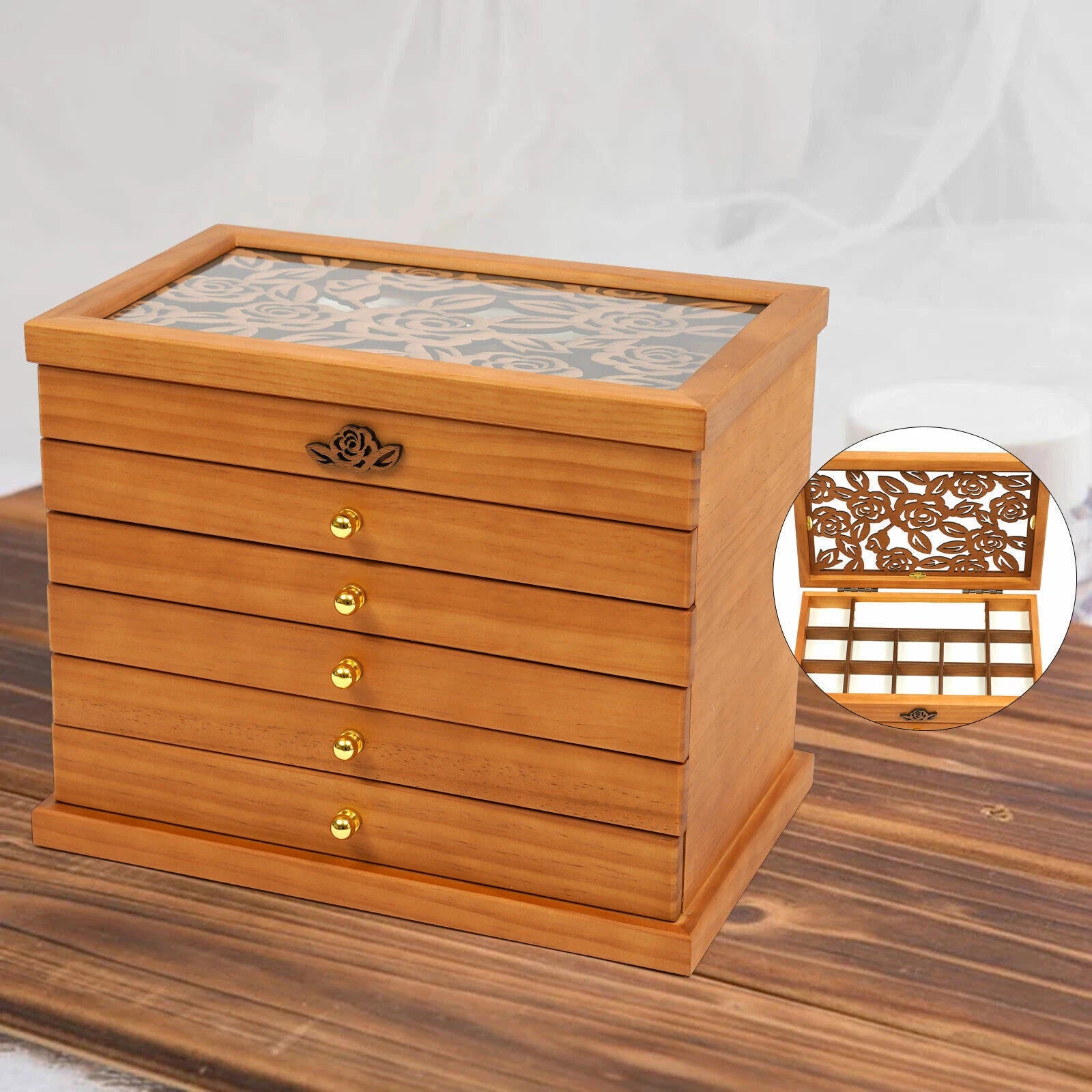 6 Layer Wooden Jewelry Storage Box Organizer Large Capacity Watch Display Box | eBay