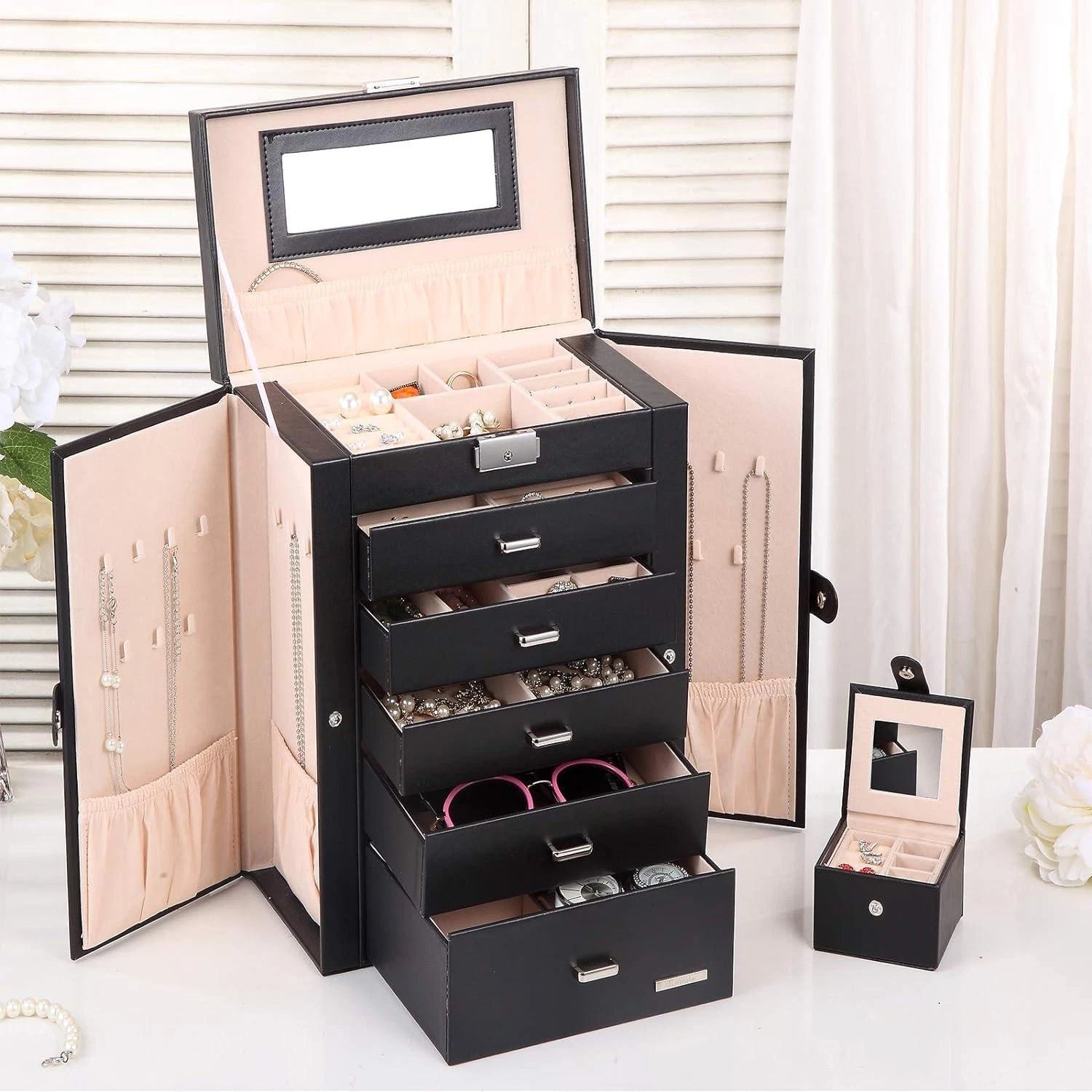 Joyero De Madera Con Espejo Para Joyeria, Joyas Organizador Regalo Para Mujer | eBay