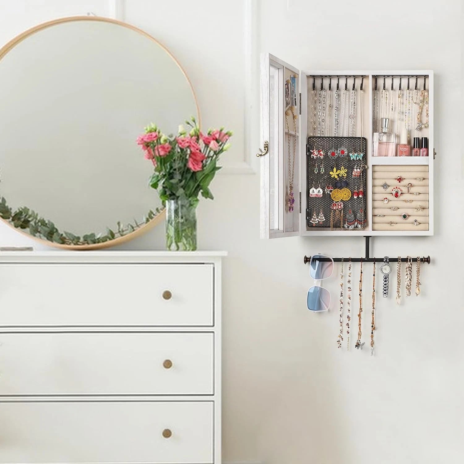 Keebofly Wall Mounted Jewelry Organizer With Rustic Wood Large Space Jewelry Cab | eBay