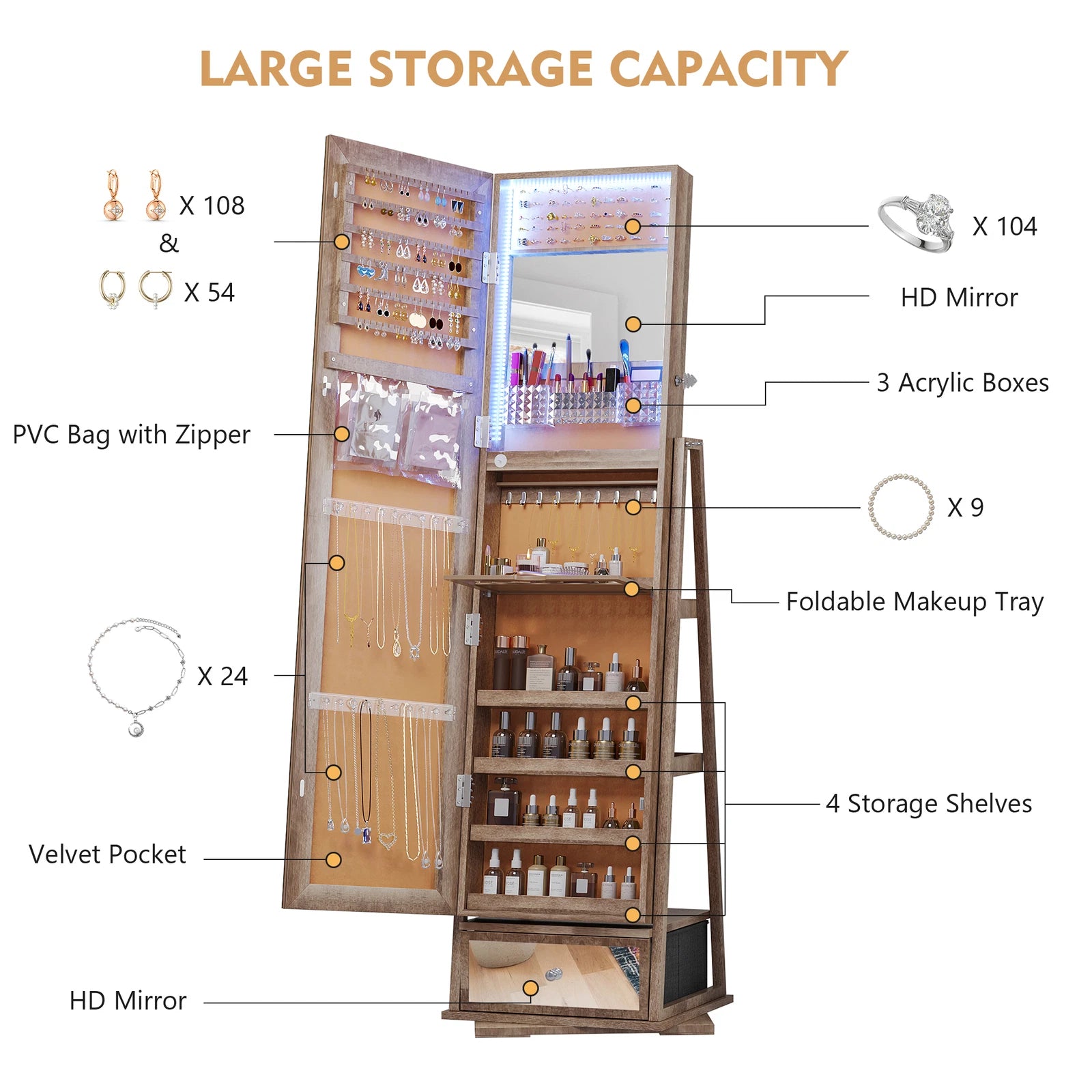 360° Swivel Jewelry Cabinet Full Length Mirror Jewelry Box with Lock | eBay