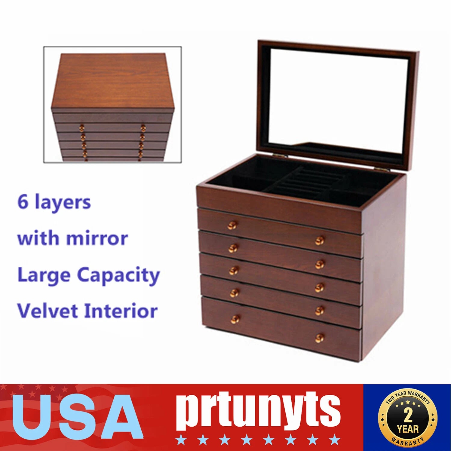 Big 6-Layer Wooden Jewelry Storage Box Watches Necklace Case Cabinet w/ Drawers | eBay