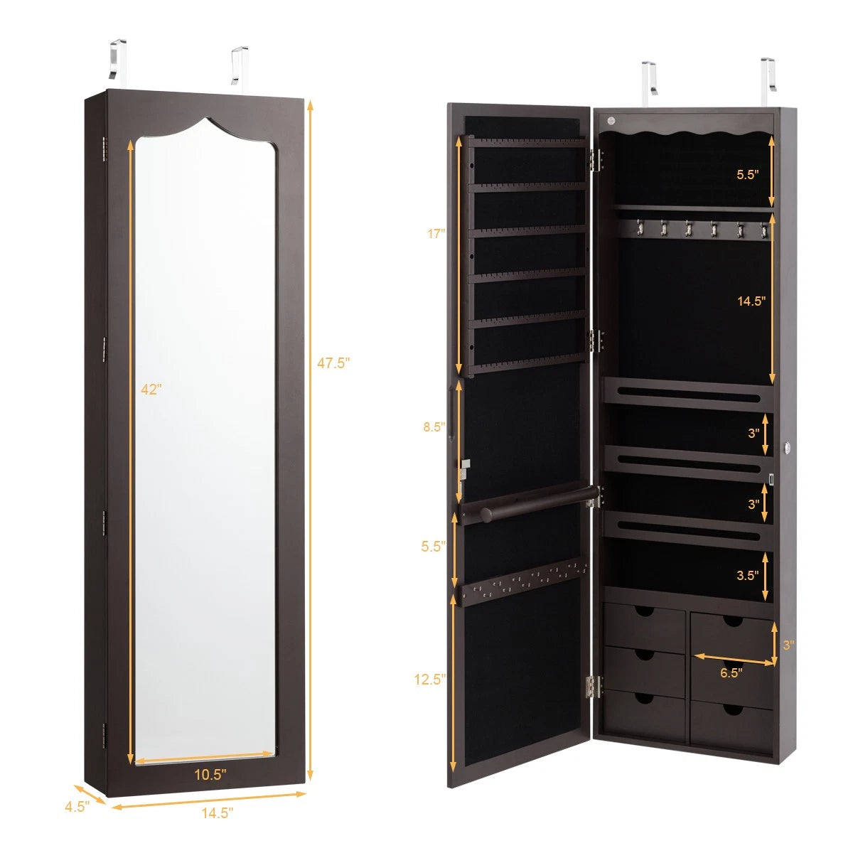 Home Wall Door Mounted LED Mirror Jewelry Cabinet Lockable Armoire w/ 6 Drawers 7461758935106| eBay