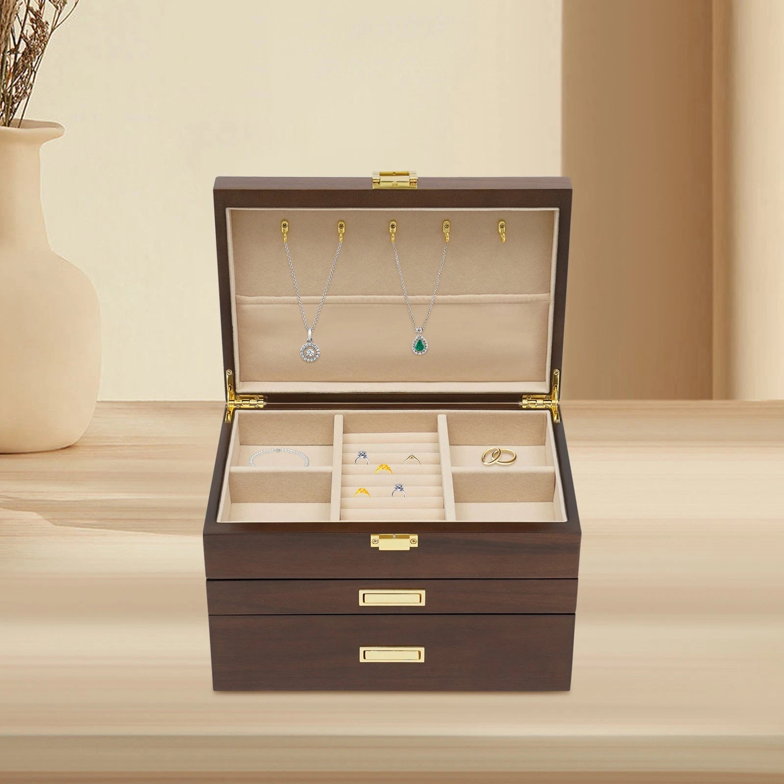 3 Layers Wooden Organizer Jewelry Storage Box with 2 Drawers Cabinet | eBay