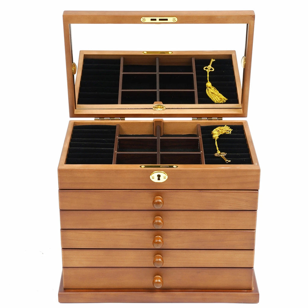 6 Tiers Jewelry Box Wooden Storage Cabinet Four-Leaf Carved Top w/ Lock + Mirror | eBay