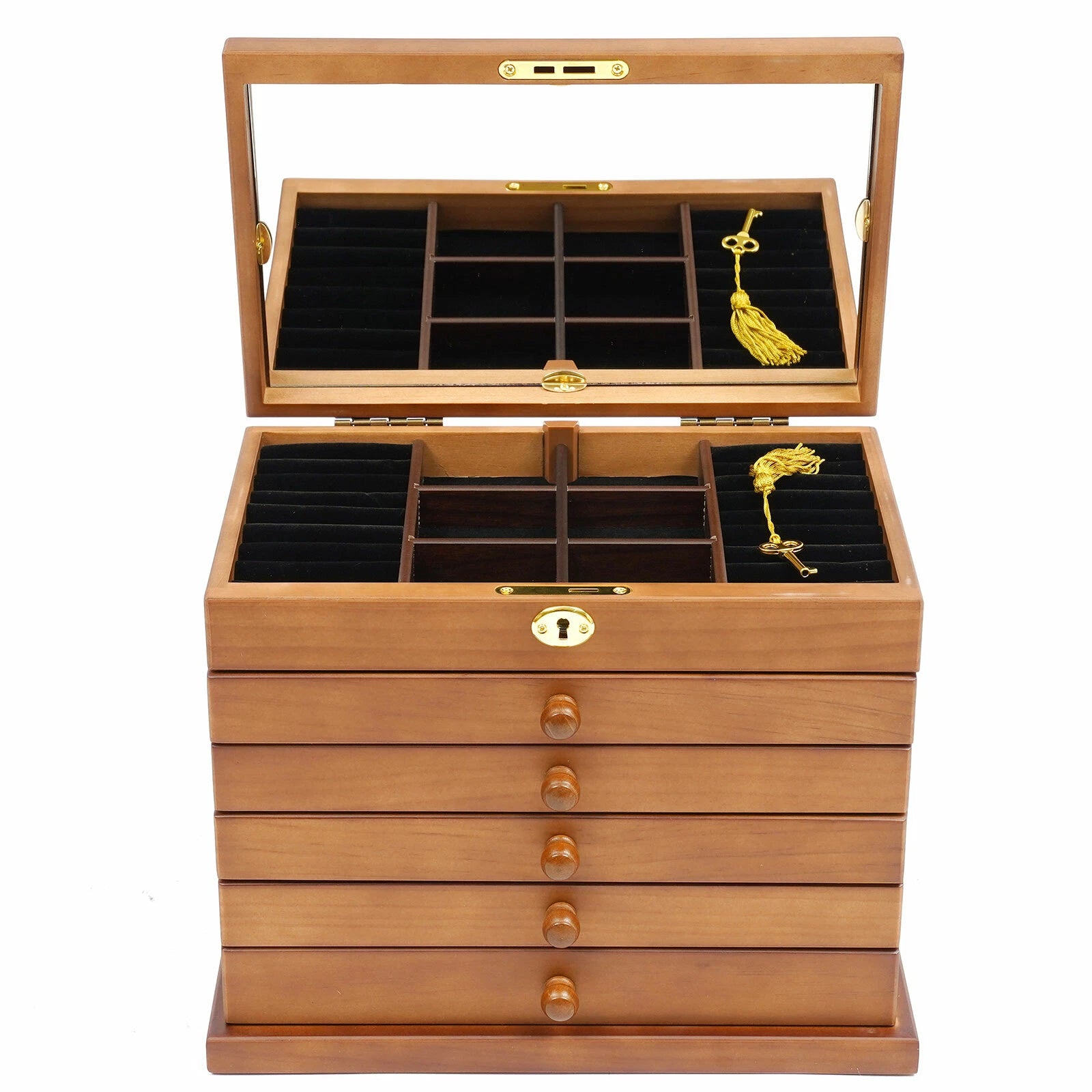 6 Tiers Jewelry Box Wooden Storage Cabinet Four-Leaf Carved Top w/ Lock + Mirror | eBay