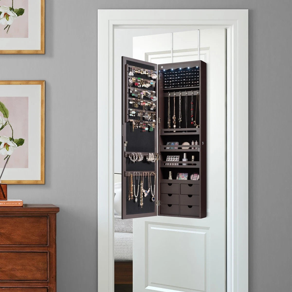 Home Wall Door Mounted LED Mirror Jewelry Cabinet Lockable Armoire w/ 6 Drawers 7461758935106| eBay