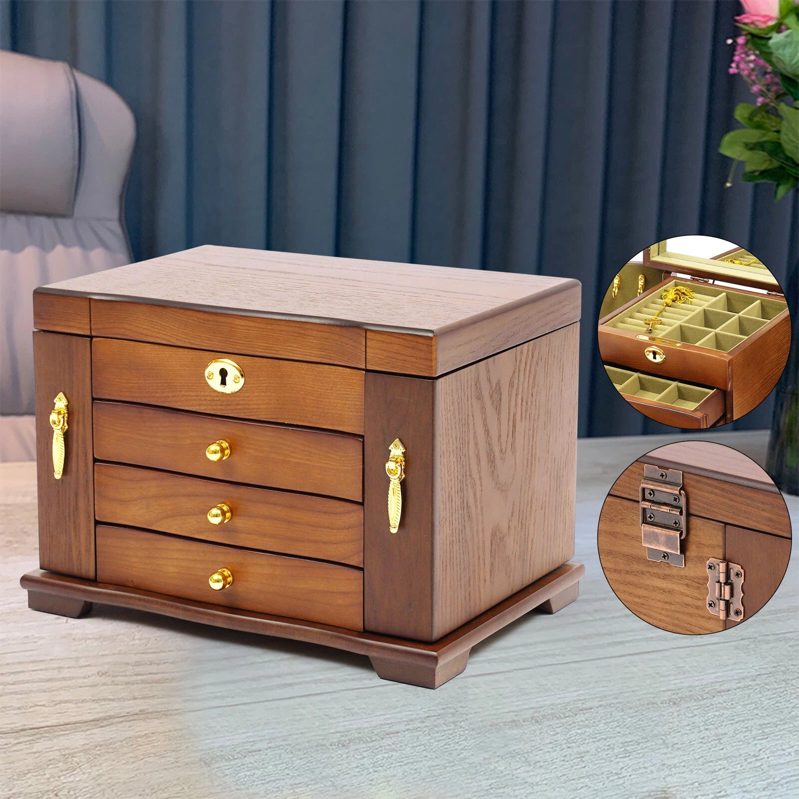 4 Tier Retro Lockable Jewelry Box Solid Wood Earrings Necklace Storage Organizer | eBay