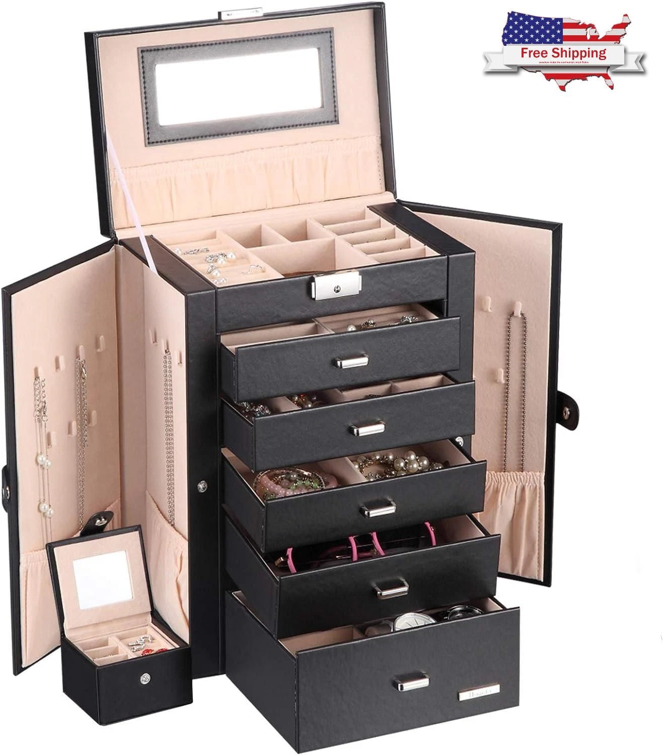 Joyero De Madera Con Espejo Para Joyeria, Joyas Organizador Regalo Para Mujer | eBay