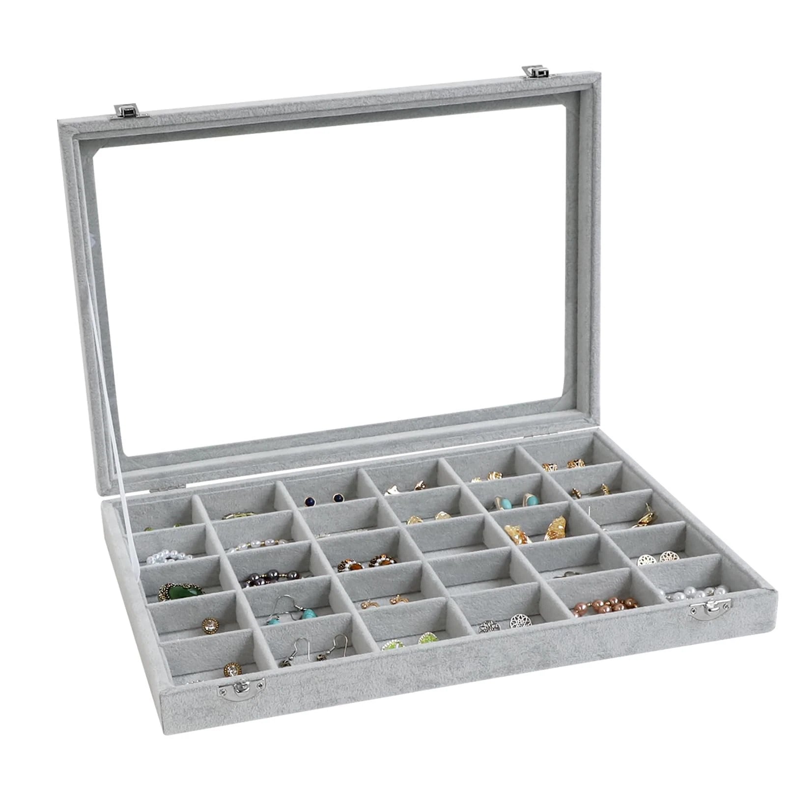 Wudygirl 30 Grid Jewelry Organizer Velvet Jewelry Box Jewelry Tray with Clear Li | eBay